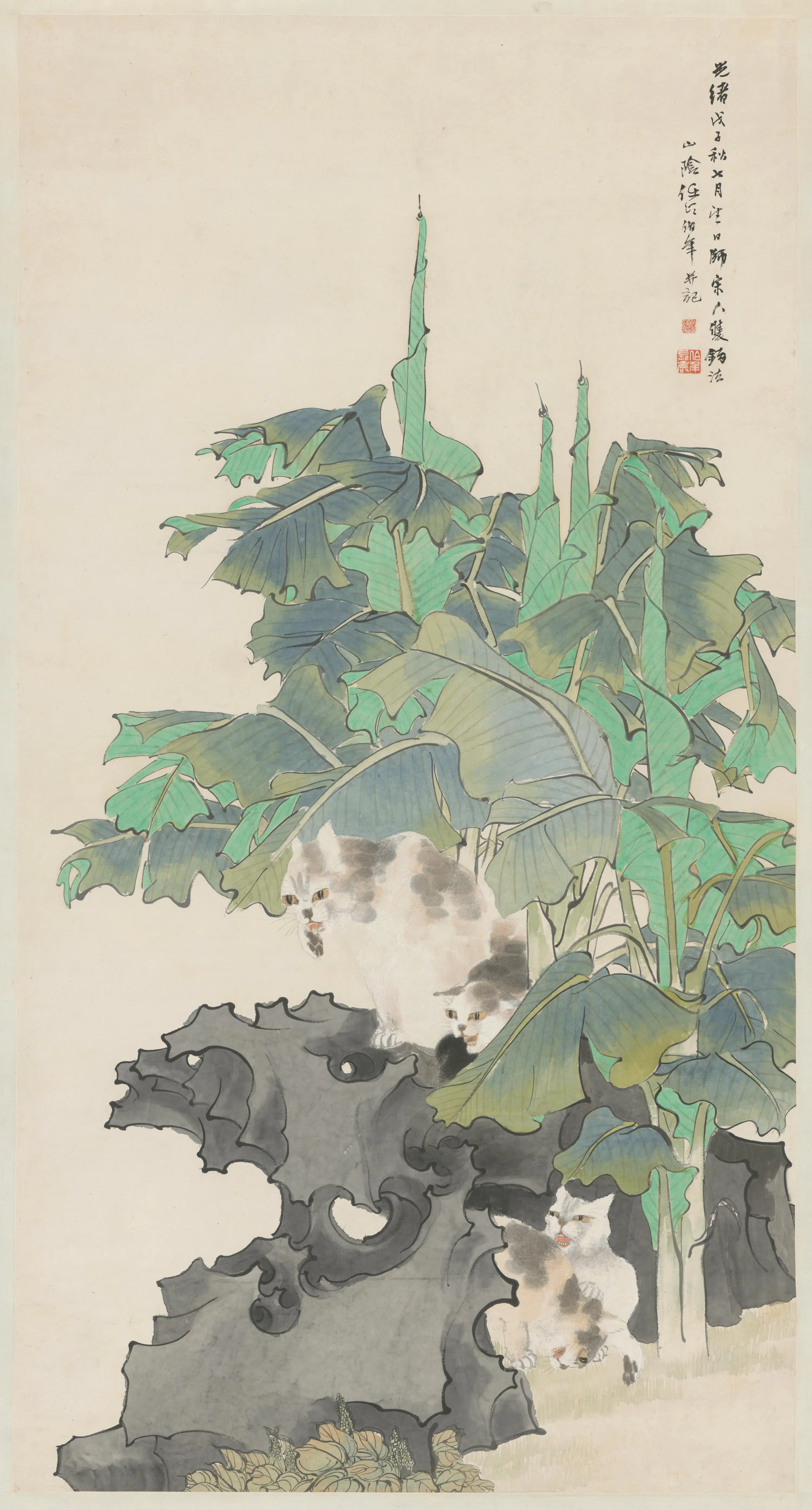 清代【任颐】《芭蕉狸猫图轴》