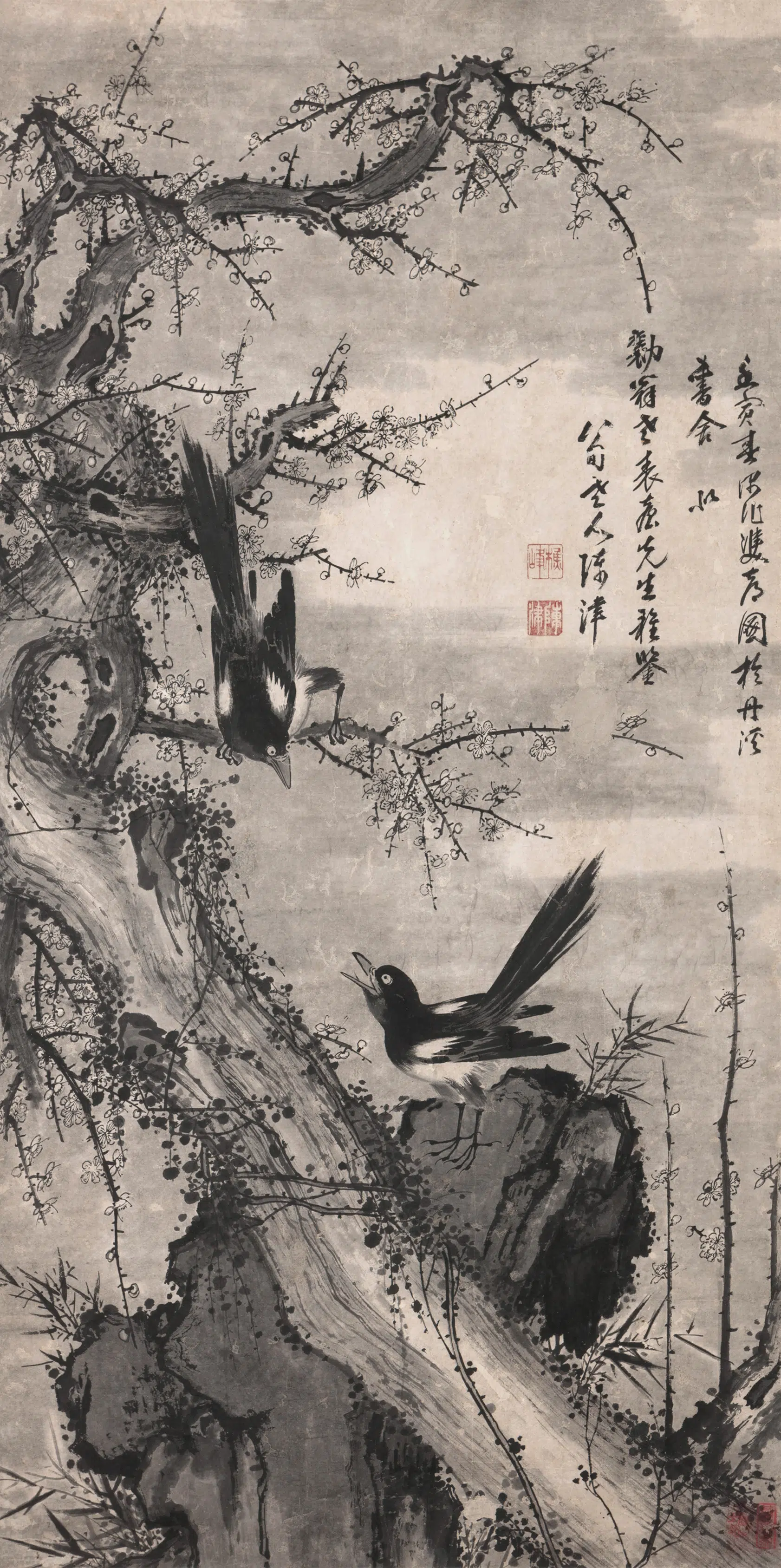 明朝【陈津】《喜鹊梅花图轴》 第1张