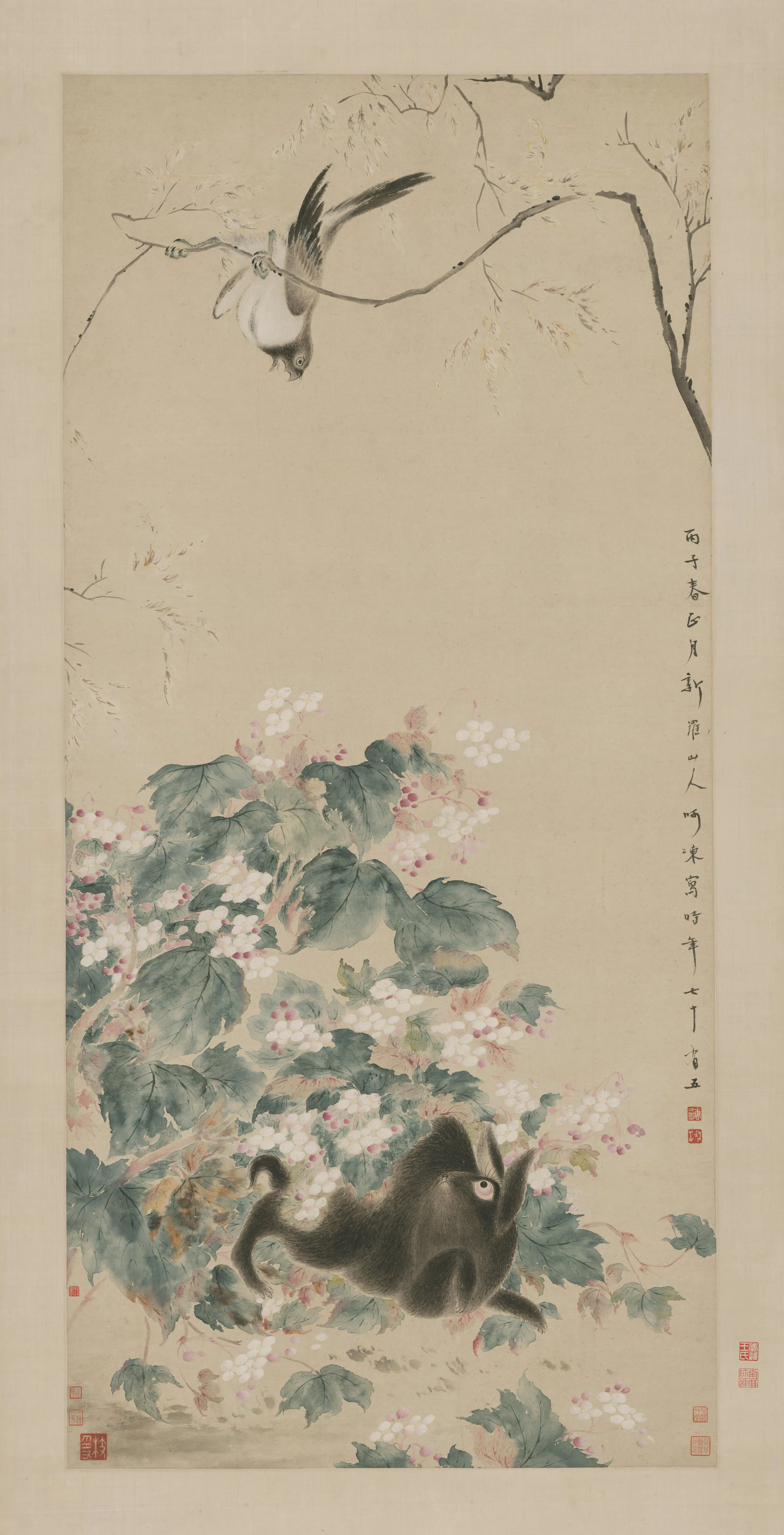 清代【华喦】《海棠禽兔图轴》