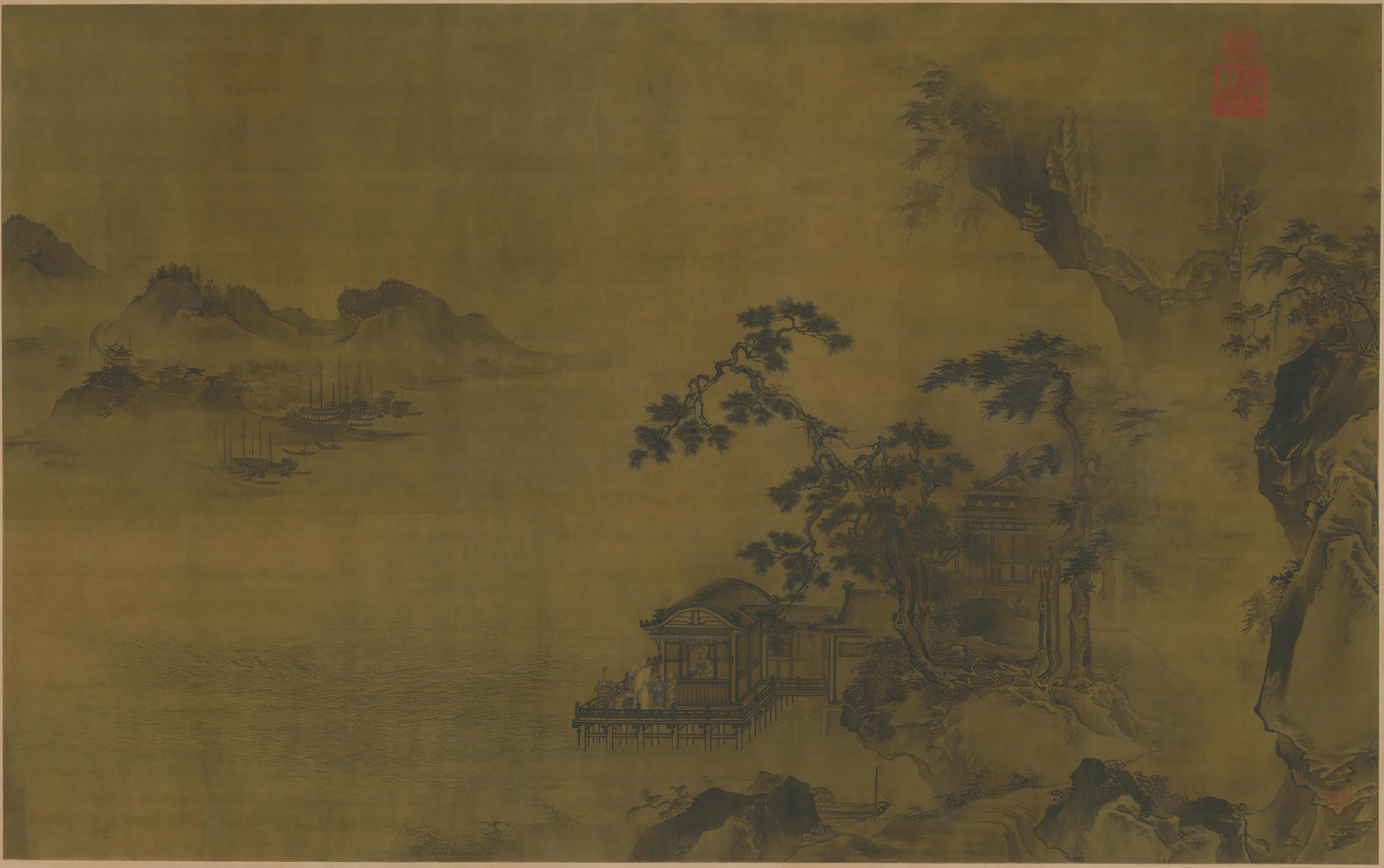 明朝【王谔】《江阁远眺图轴》
