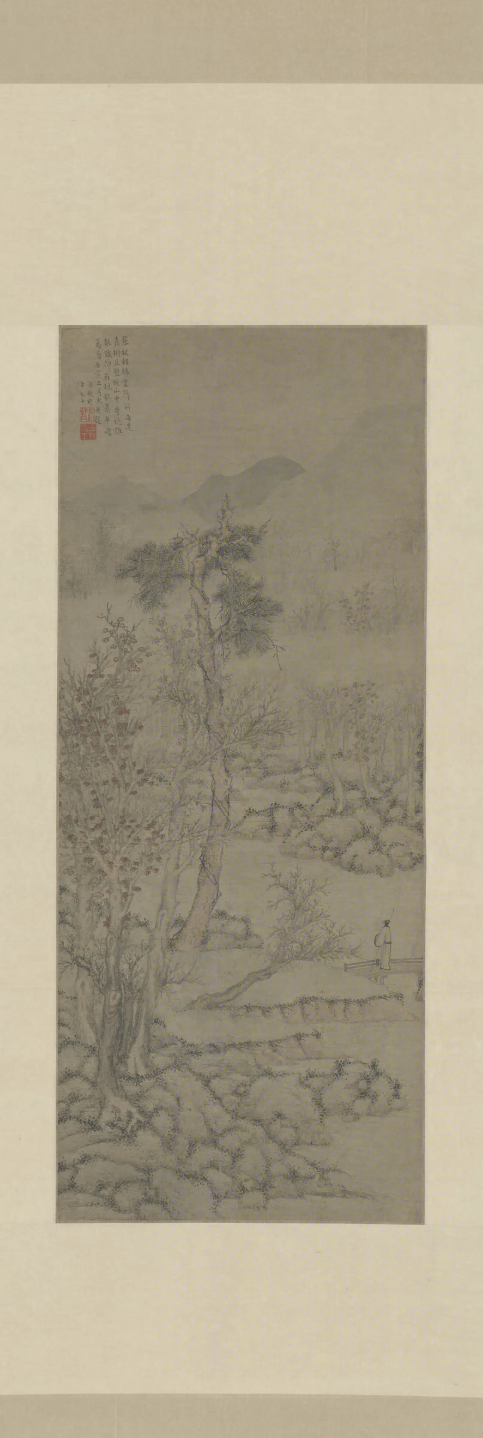 明朝【孙枝】《秋林藜杖图轴》
