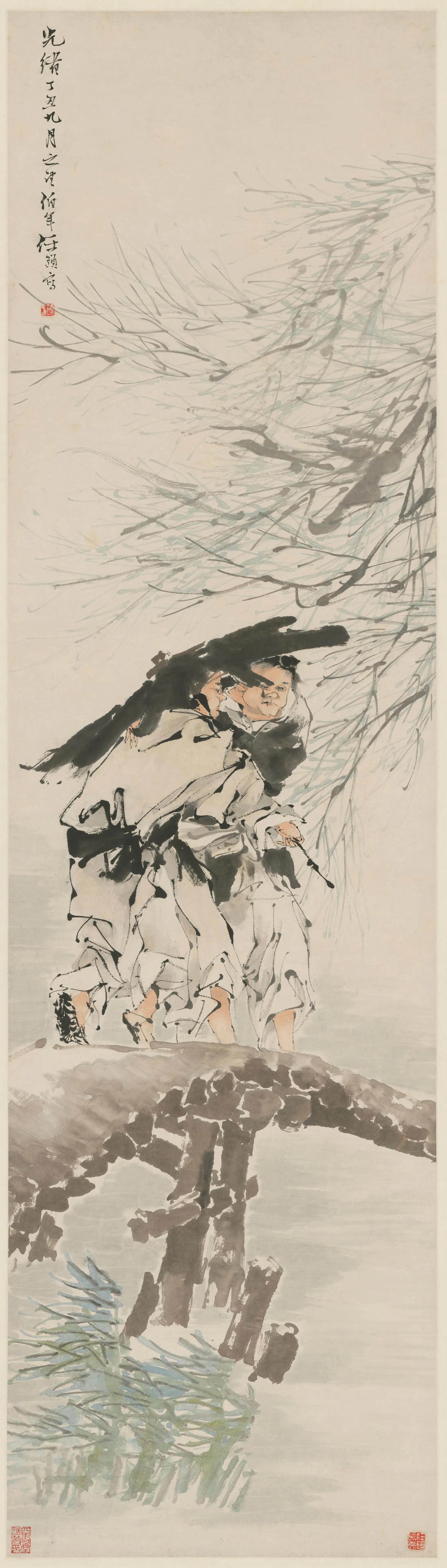 清代【任颐】《风雨渡桥图轴》