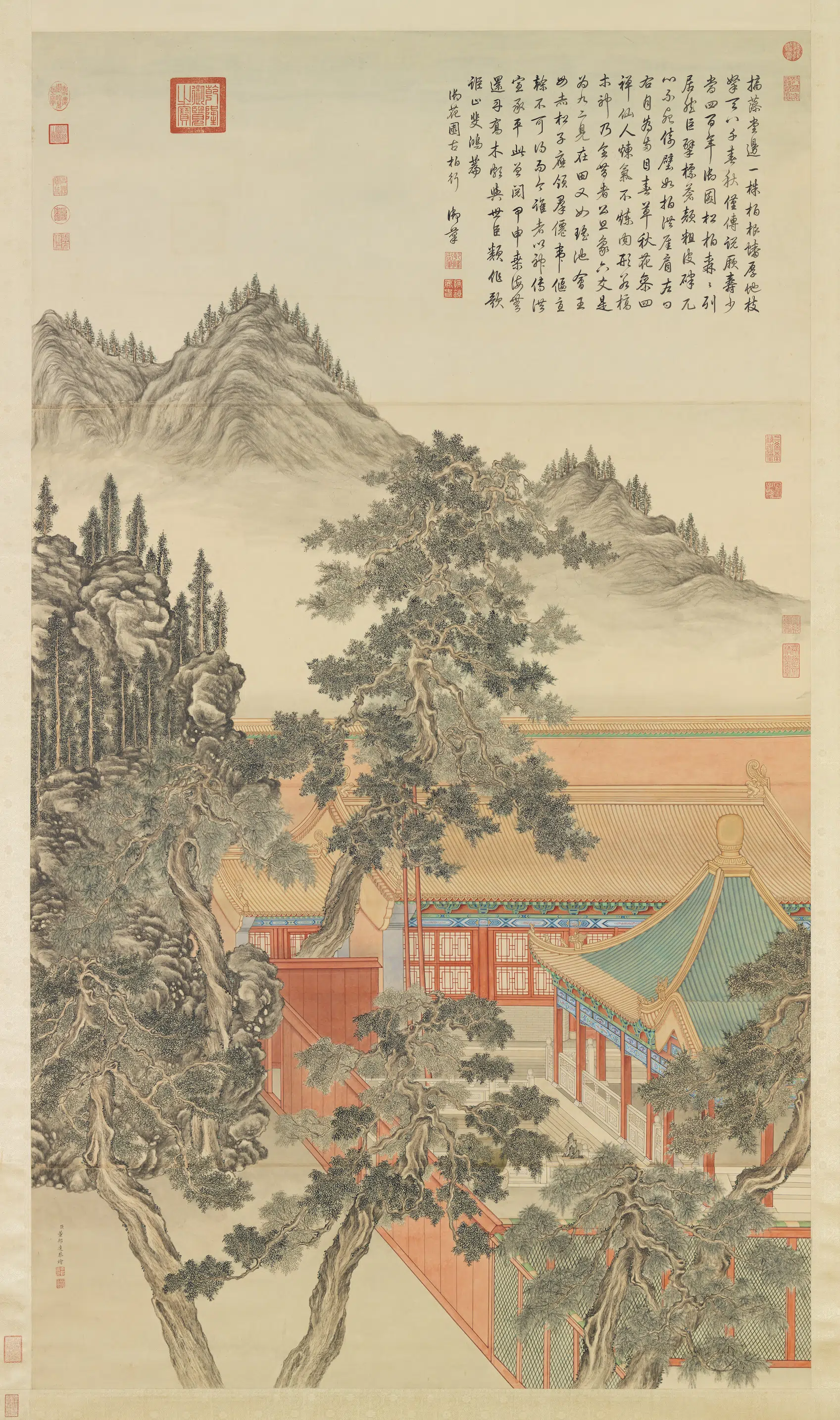 清代【董邦达】《御花园古柏图轴》