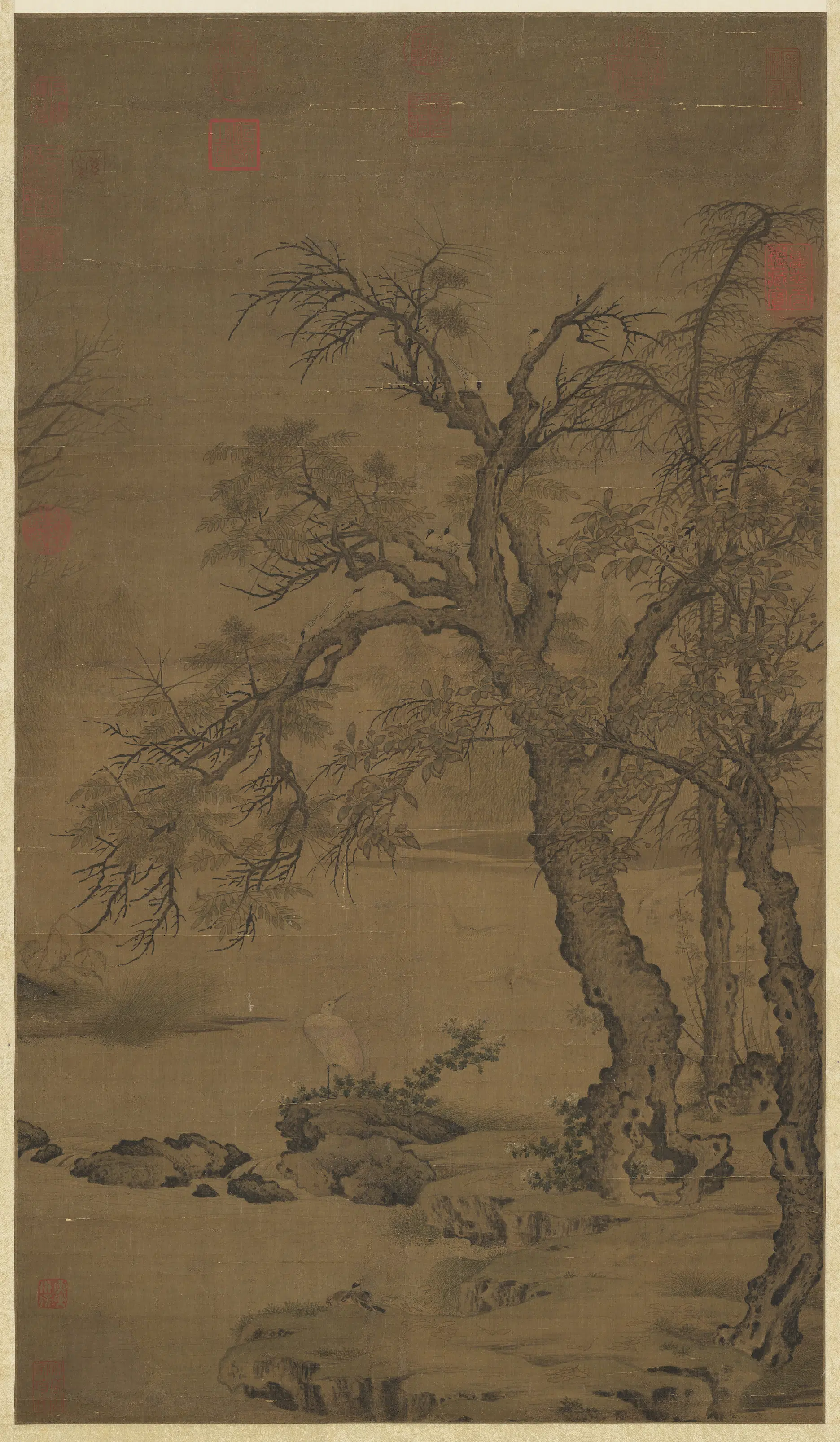 宋代《宋人秋渚文禽图轴》