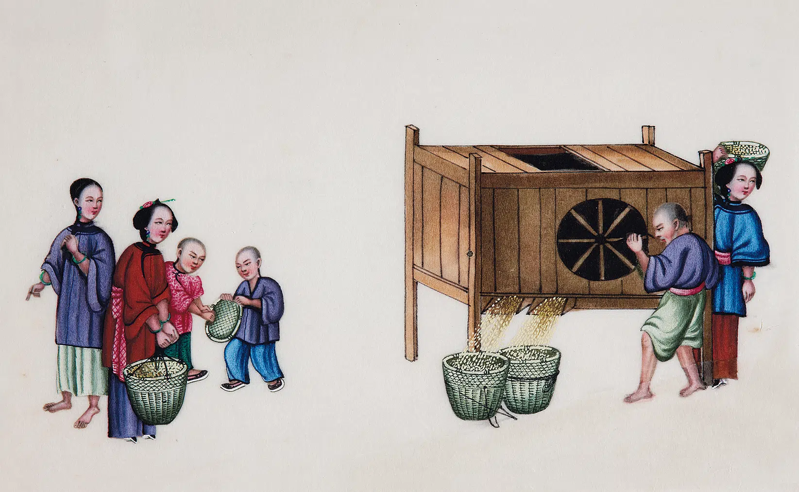 近现代【佚名】《稻谷耕作全景图通草纸外销画》