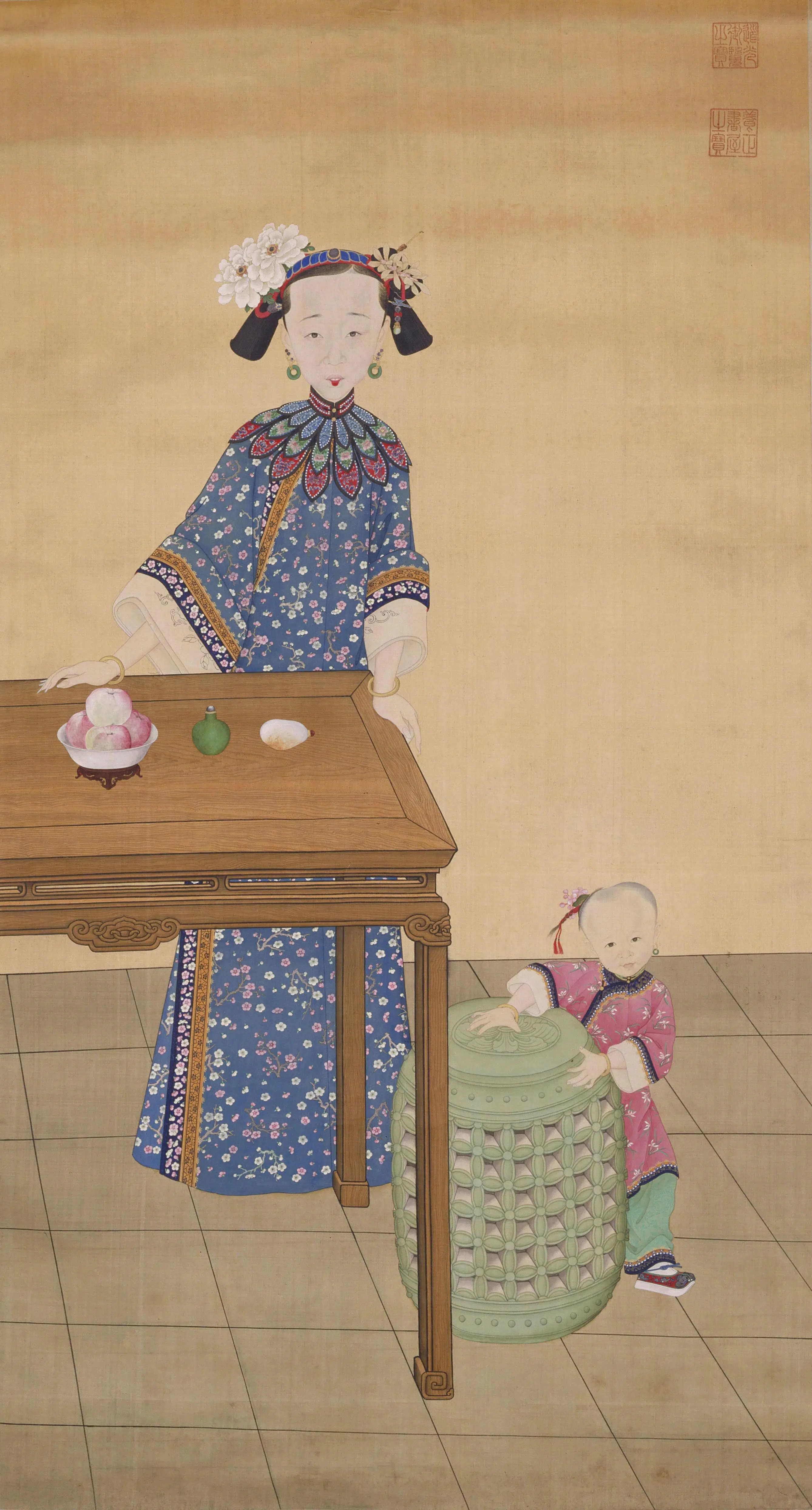 清代【佚名】《孝全成皇后与幼女像轴》
