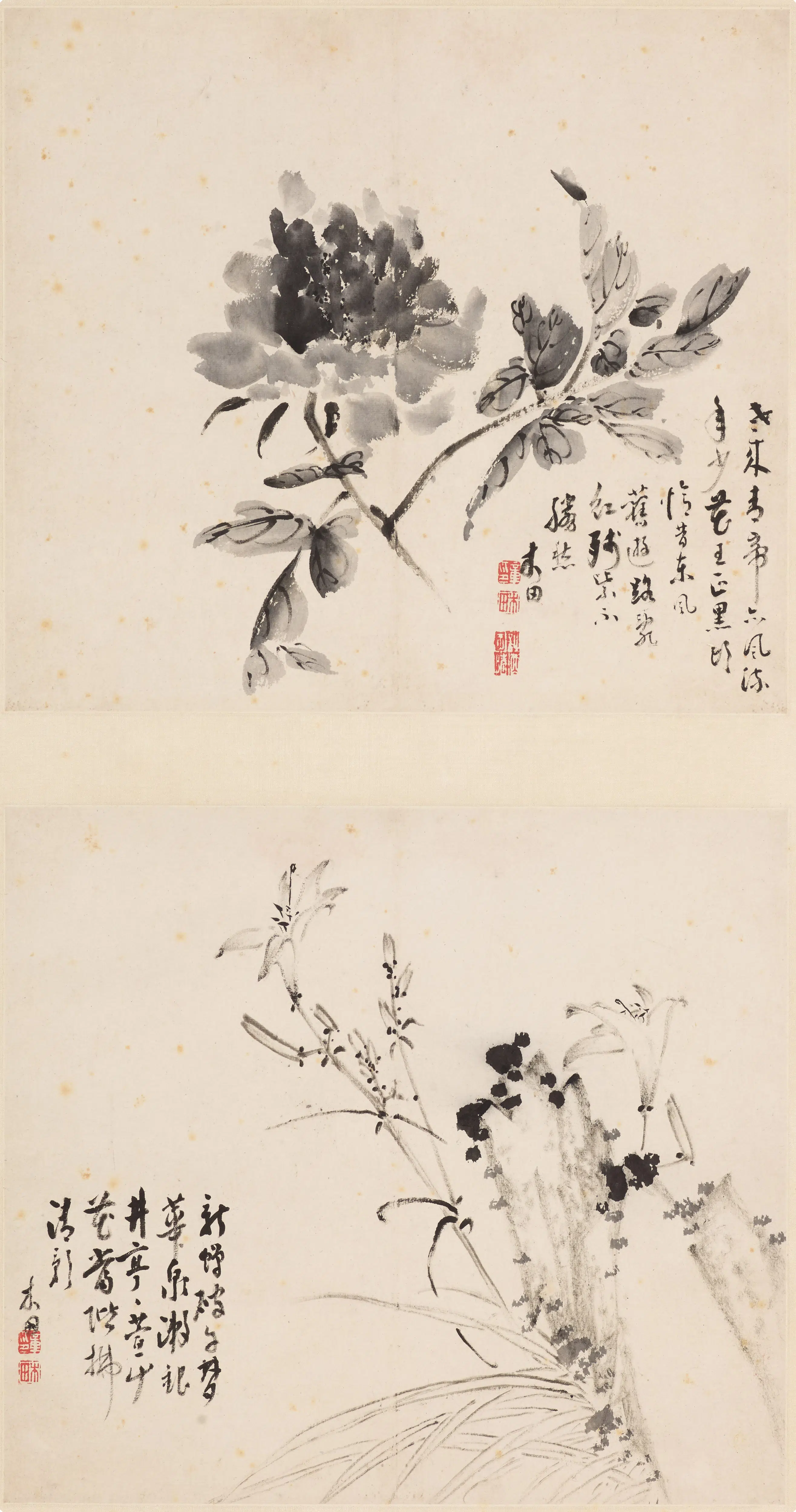 清代【禇章】《花卉斗方轴》