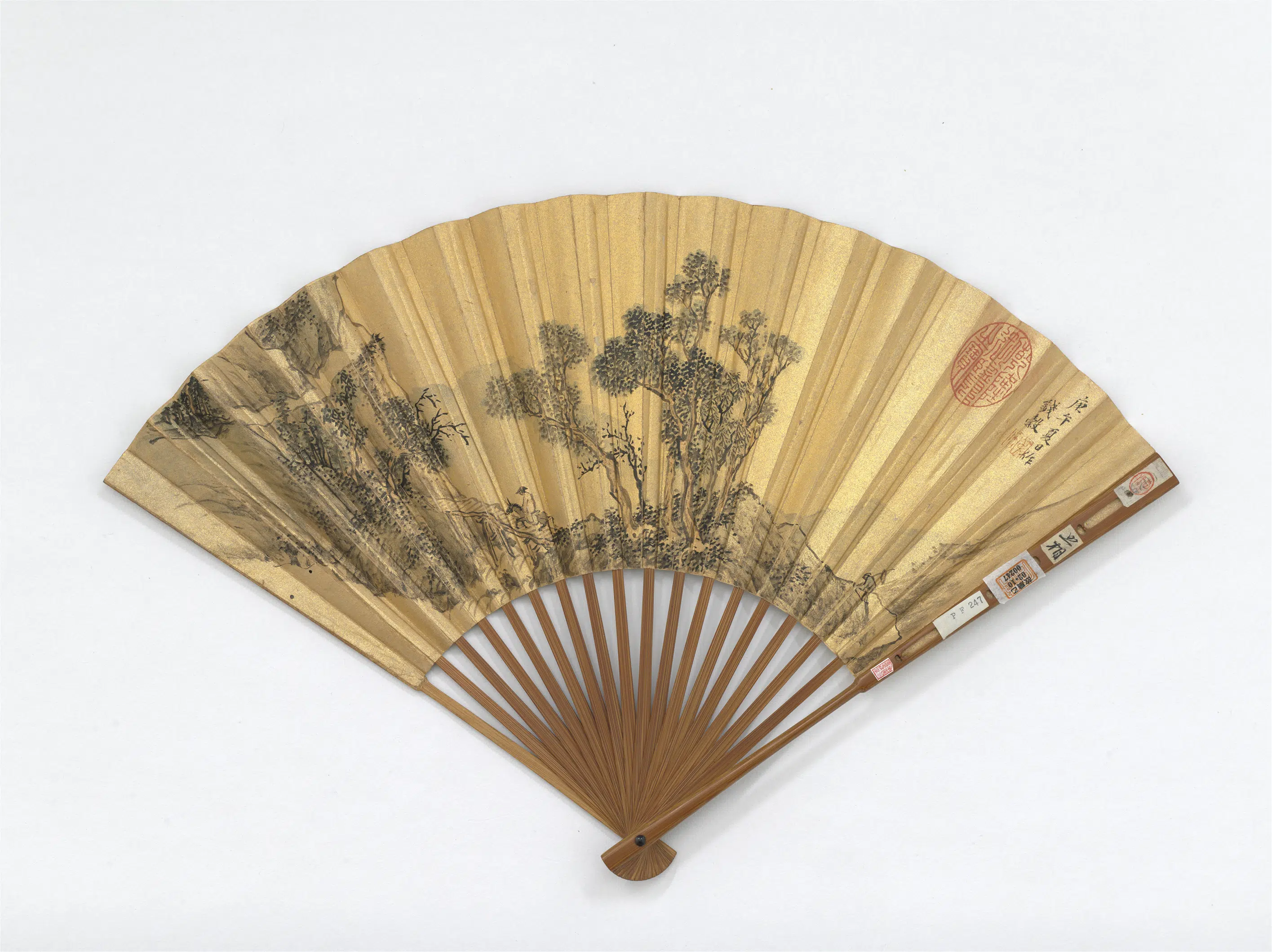 明朝【文征明徵明】《明钱谷画板桥策蹇文征明书七言绝句六首-成扇》