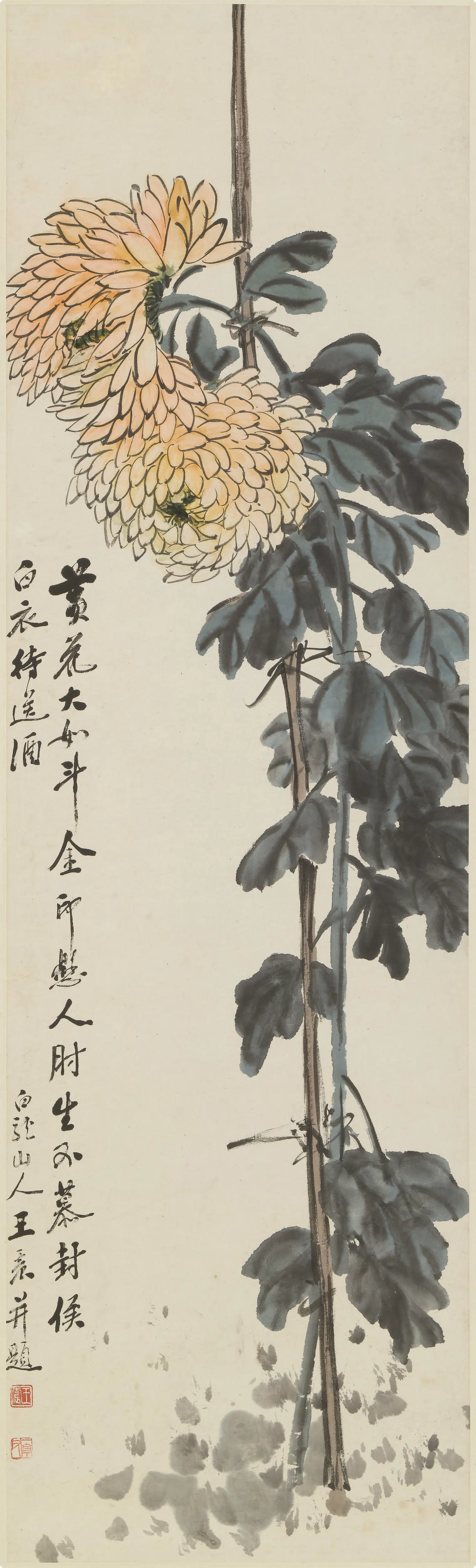 近现代【王震】《双菊图轴》