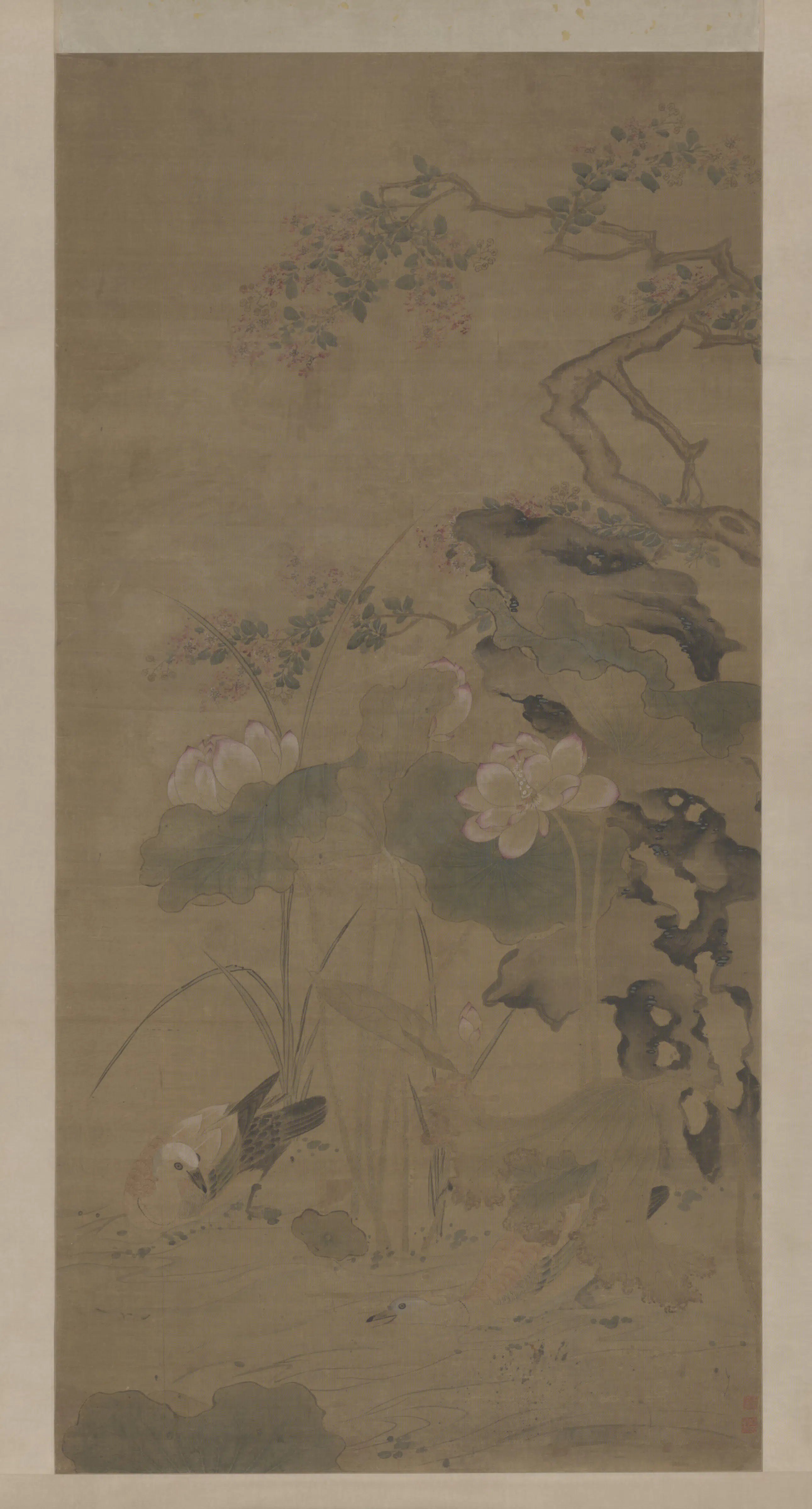 明朝【周之冕】《荷花鸳鸯图轴》