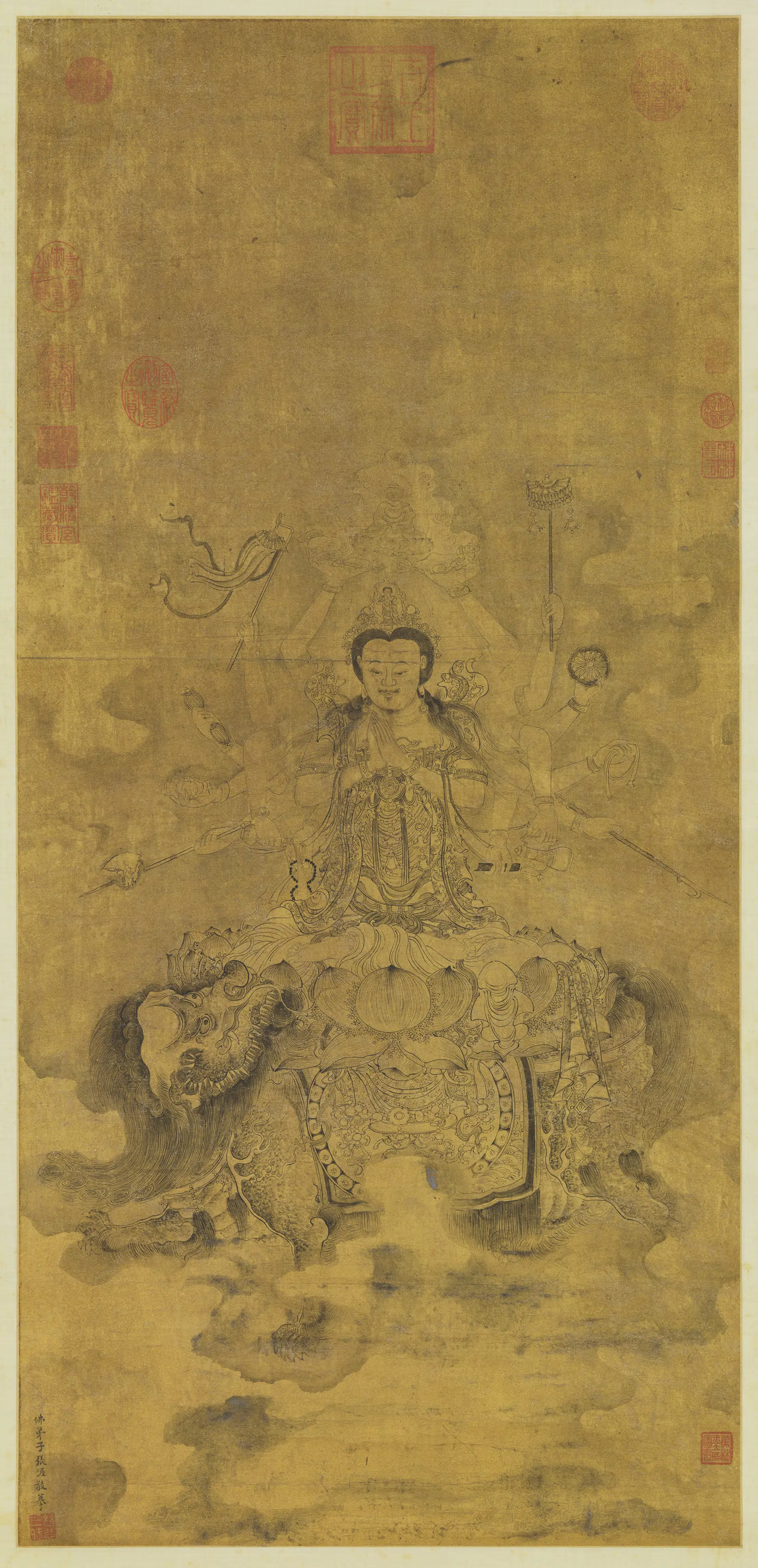 元朝【张渥】《画十六臂大士像图轴》