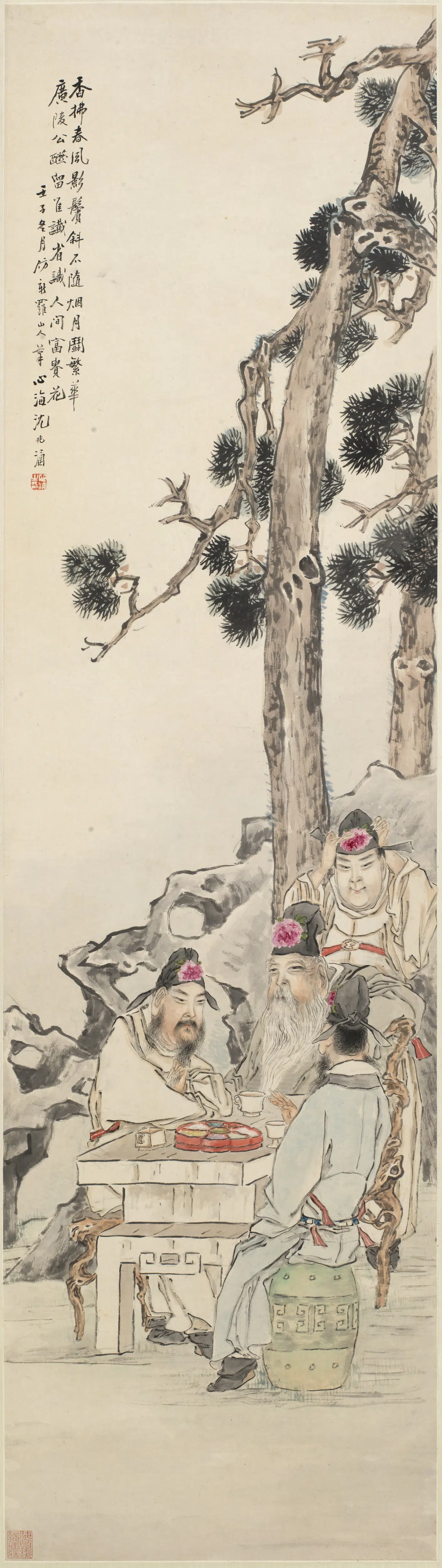 清代【沈心海（沈兆涵）】《簪花图轴》