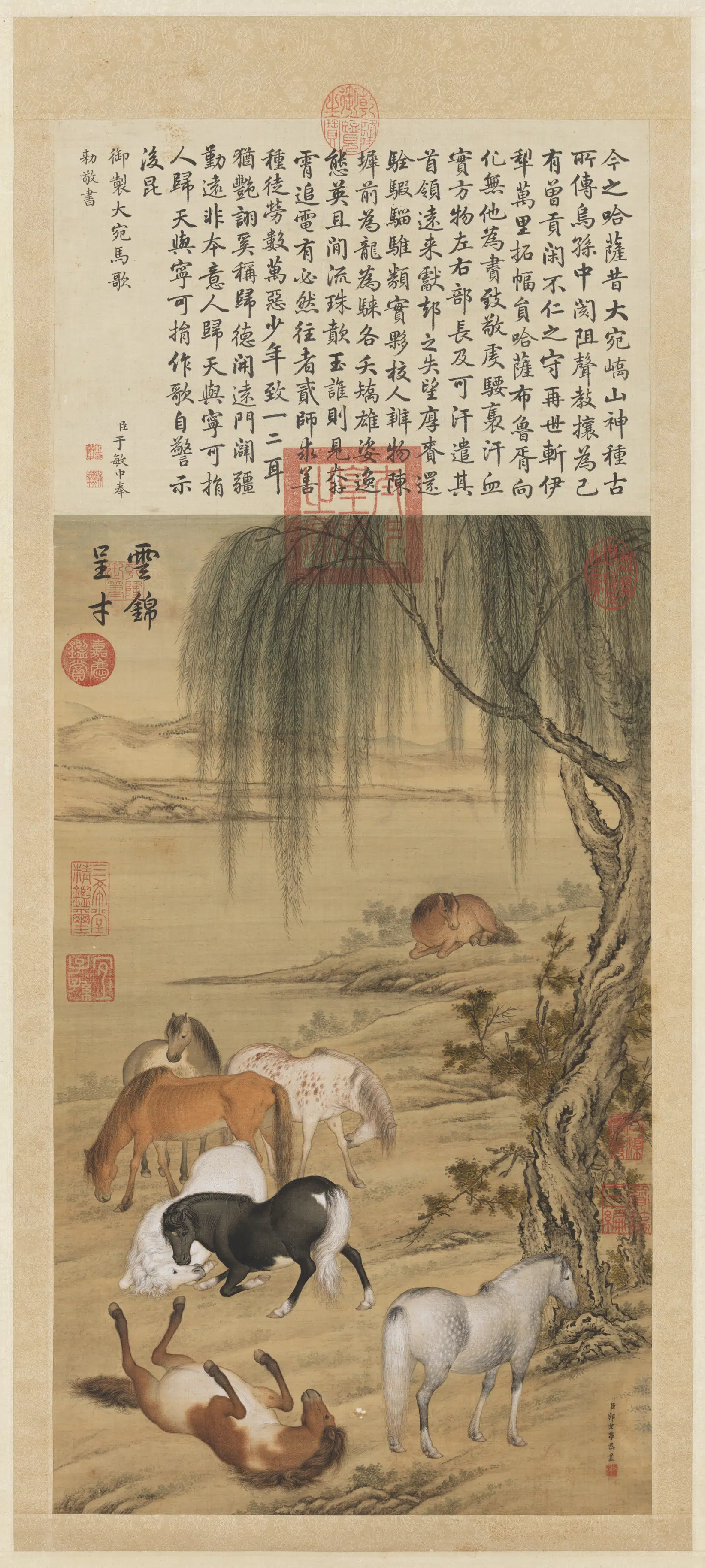 清代【郎世宁】《云锦呈才图轴》