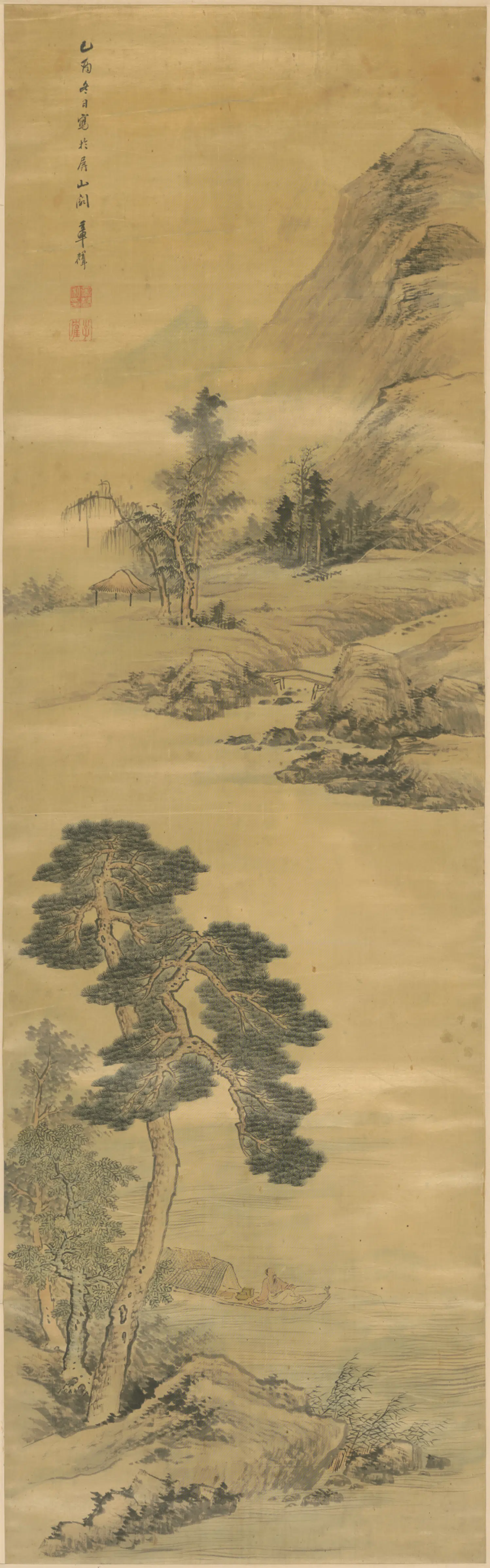 清代【章声】《松溪独钓图轴》