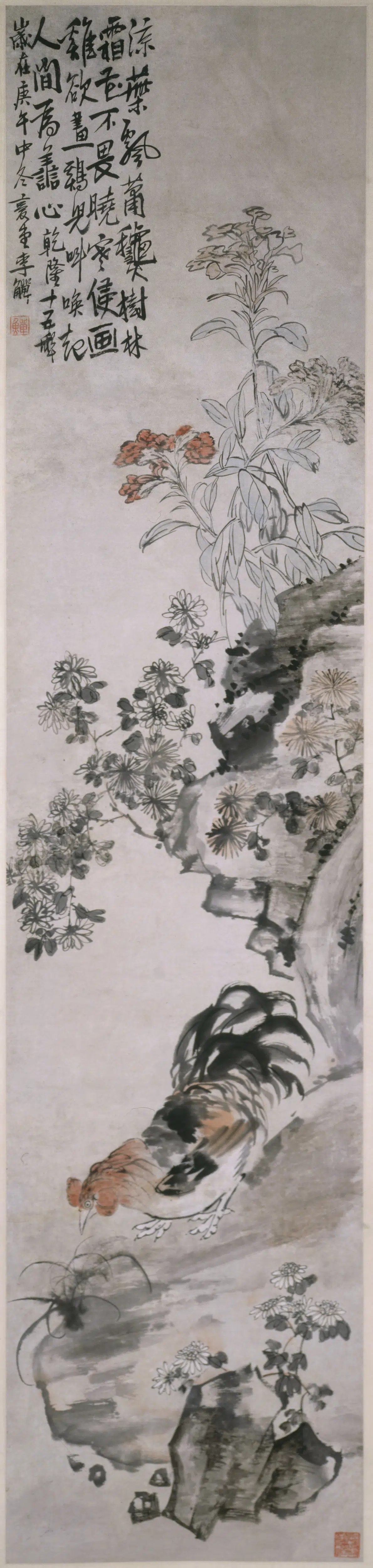 清代【李鱓】《菊石雄鸡图轴》