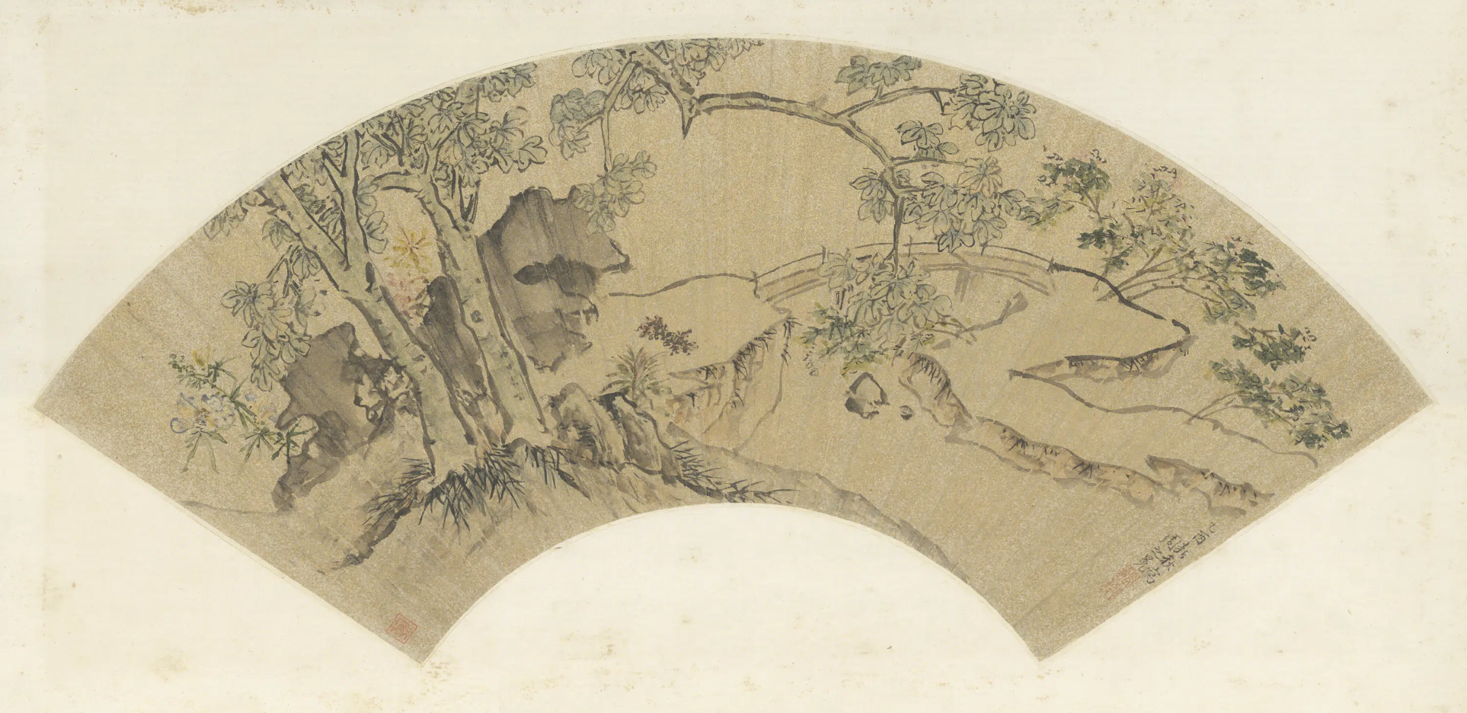明朝【周之冕】《秋花梧石扇页》