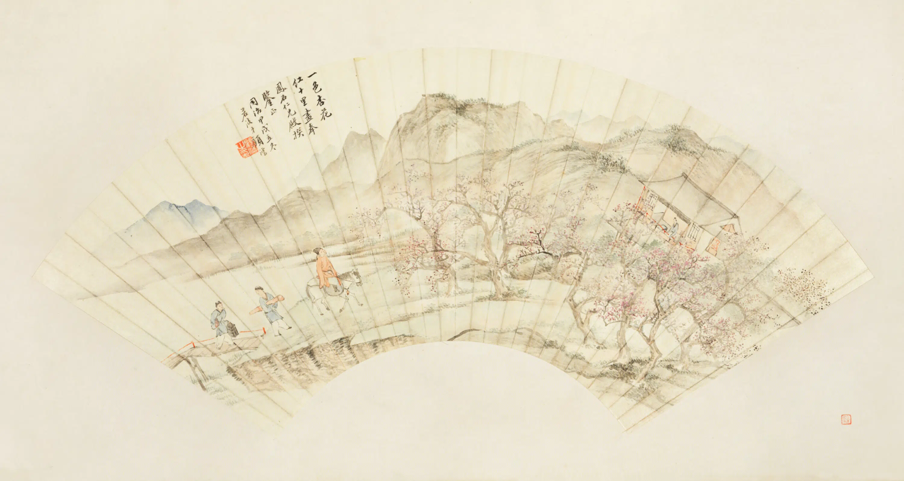 清代【顾沄】《杏花游骑扇面》