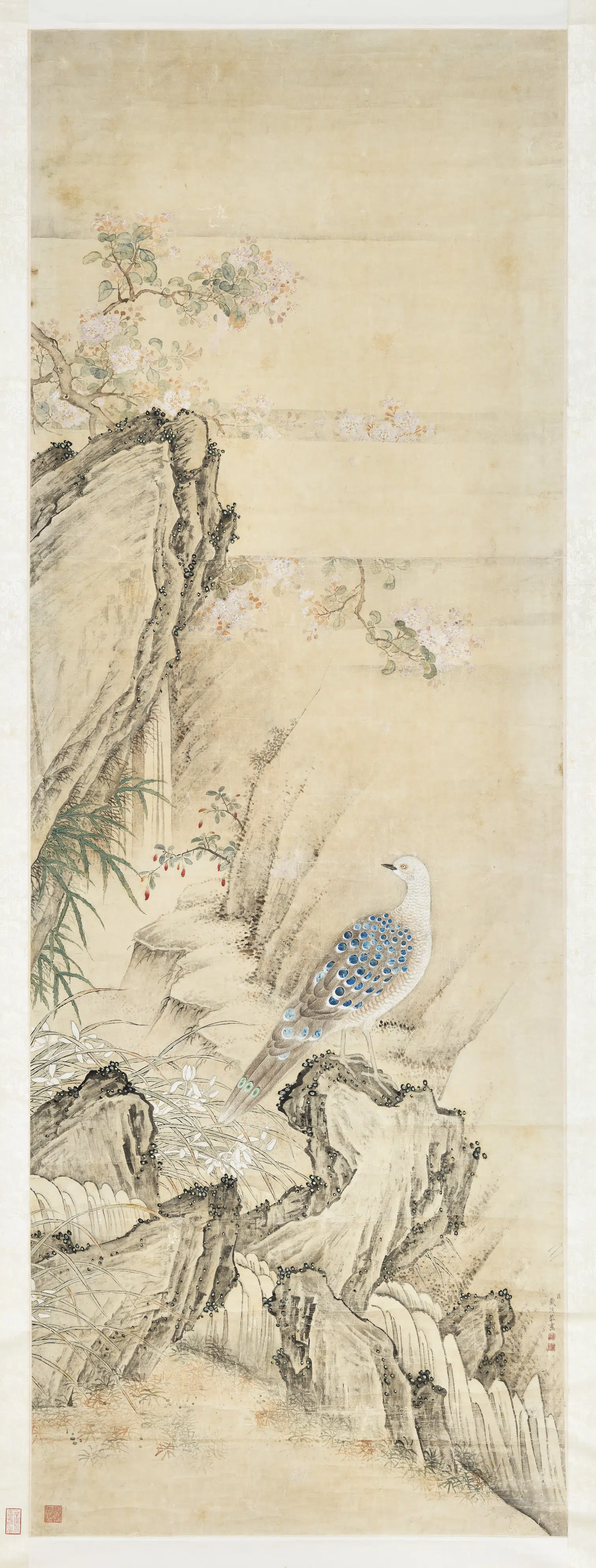 清代【戴洪】《花鸟泉石图轴》