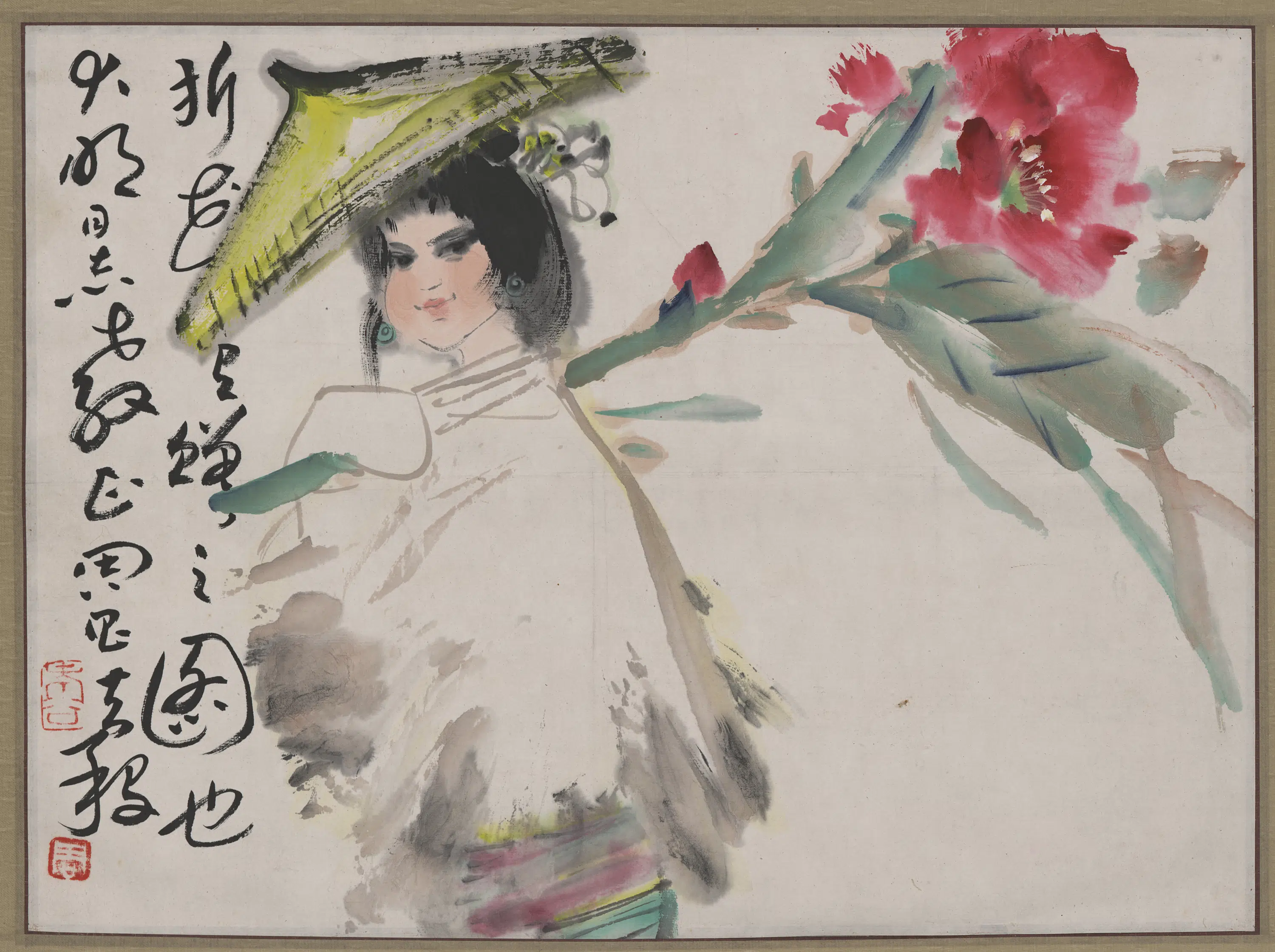 近现代【周思聪】《持花少女图轴》