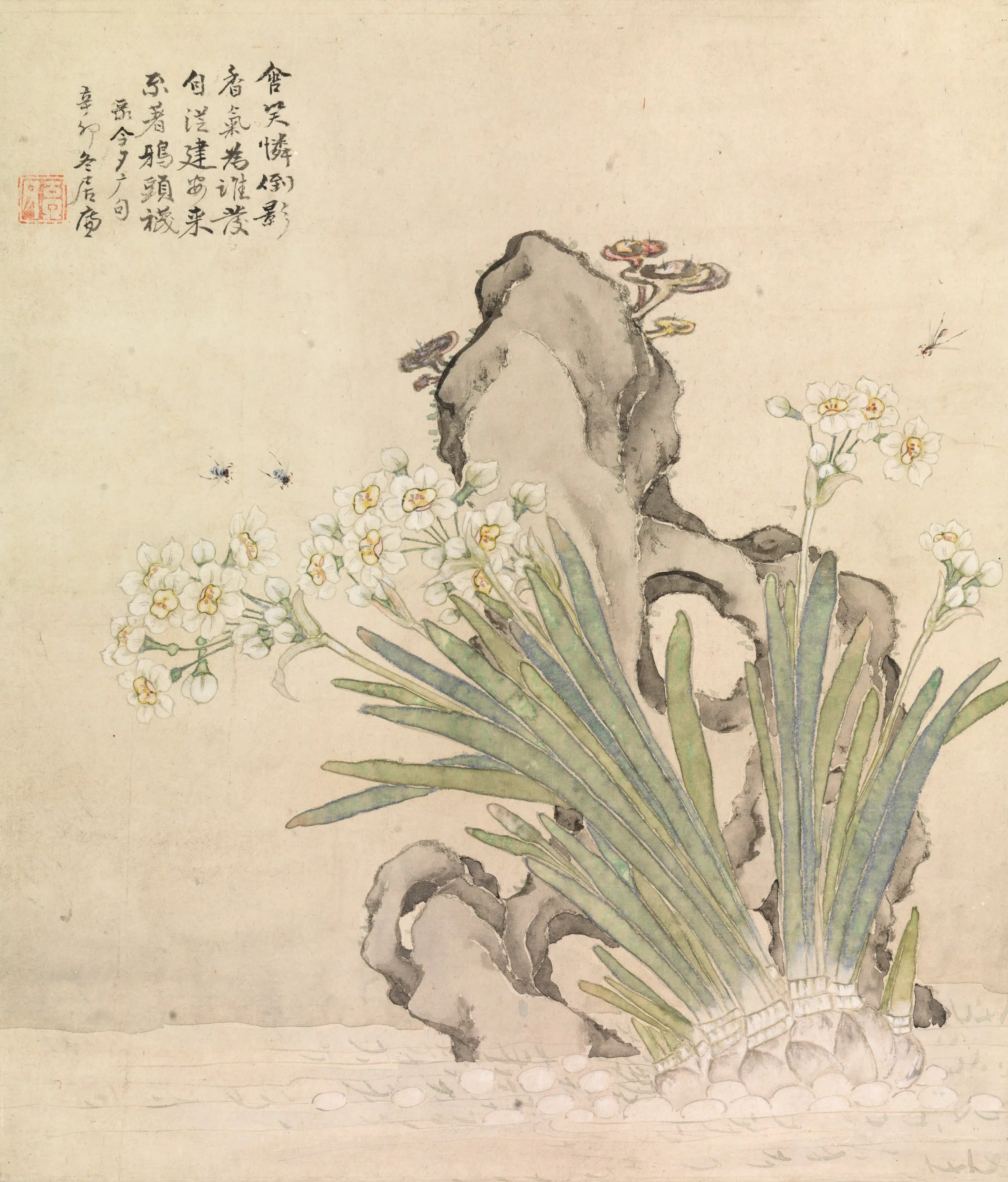 清代【居廉】《水仙灵芝蜂石图》
