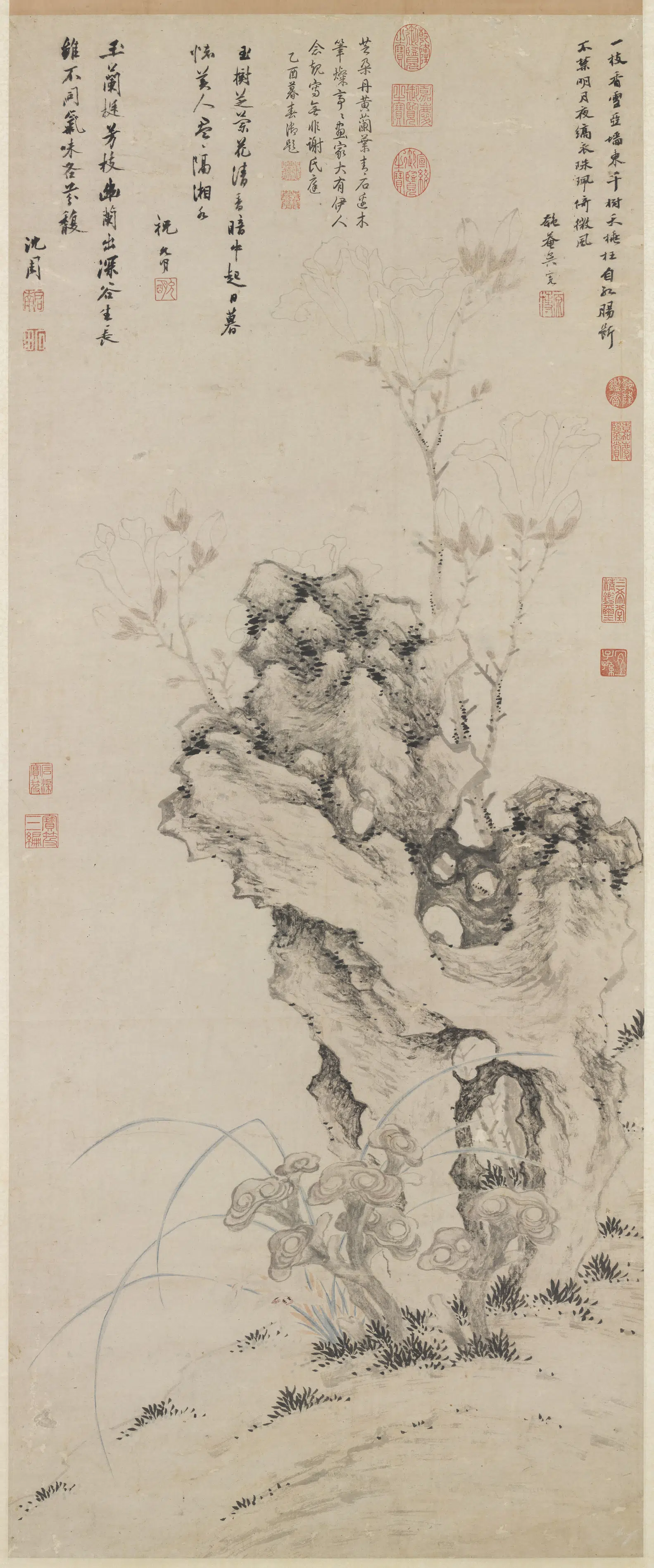 明朝【沈周】《画芝兰玉树图轴》