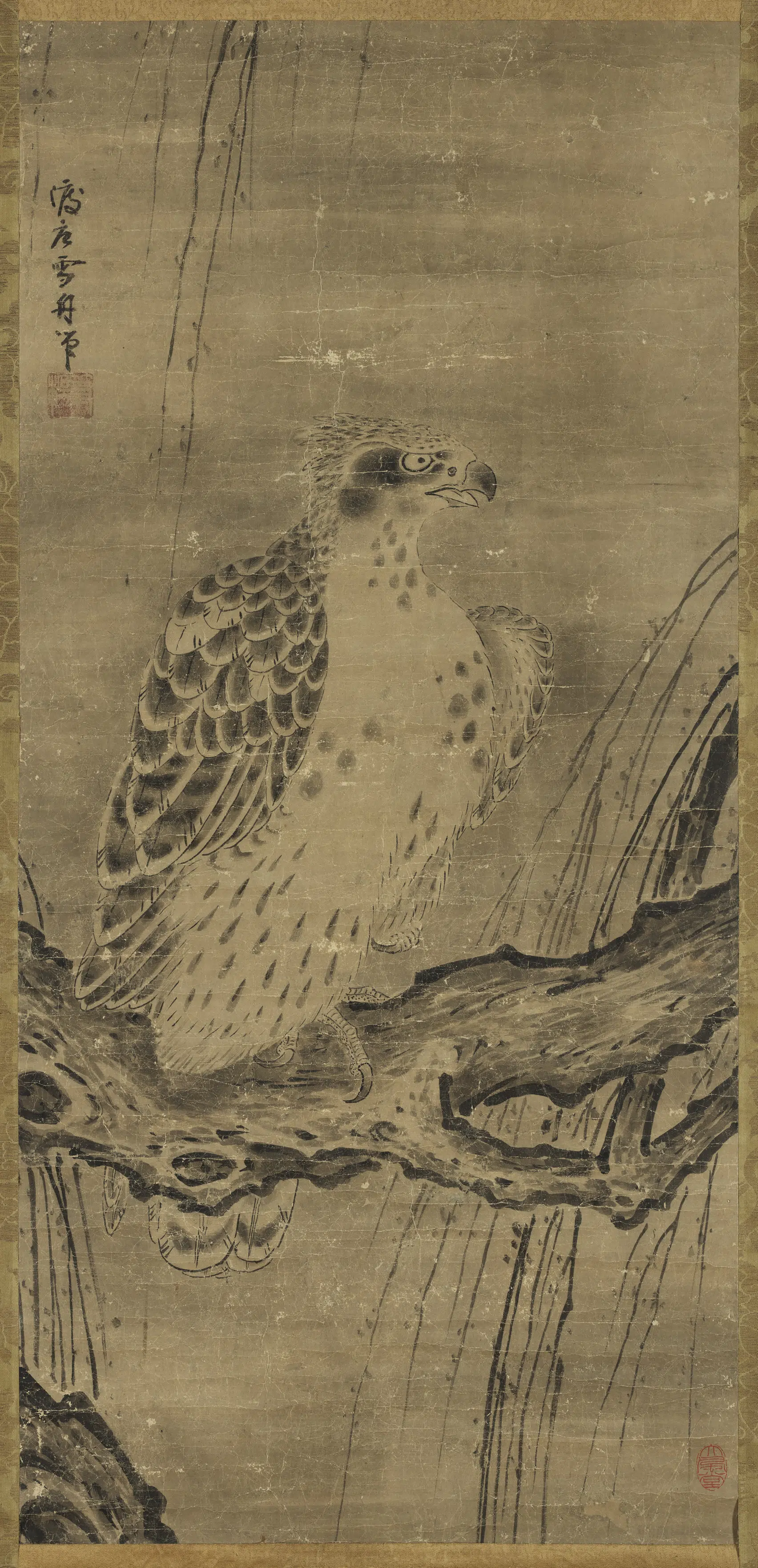 日本【雪舟】《画鹰图轴》