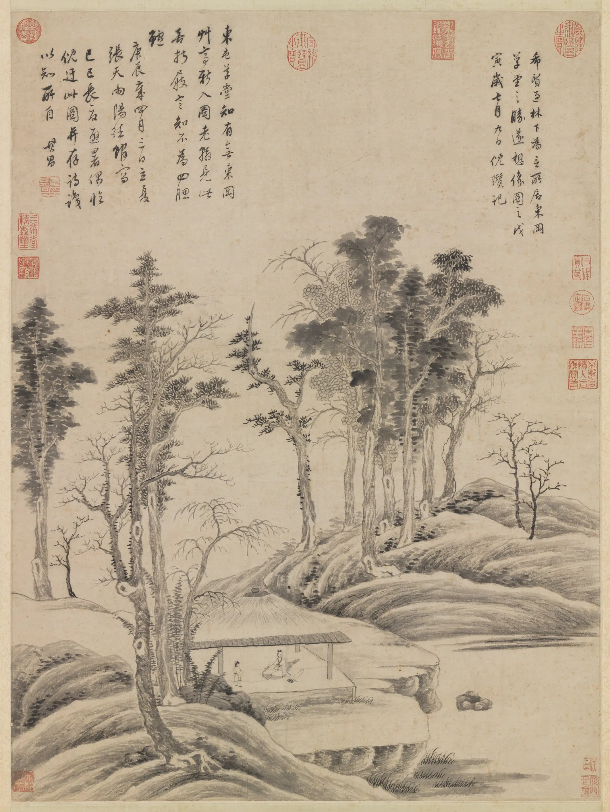 明代【董其昌】《临倪瓒东冈草堂图轴》