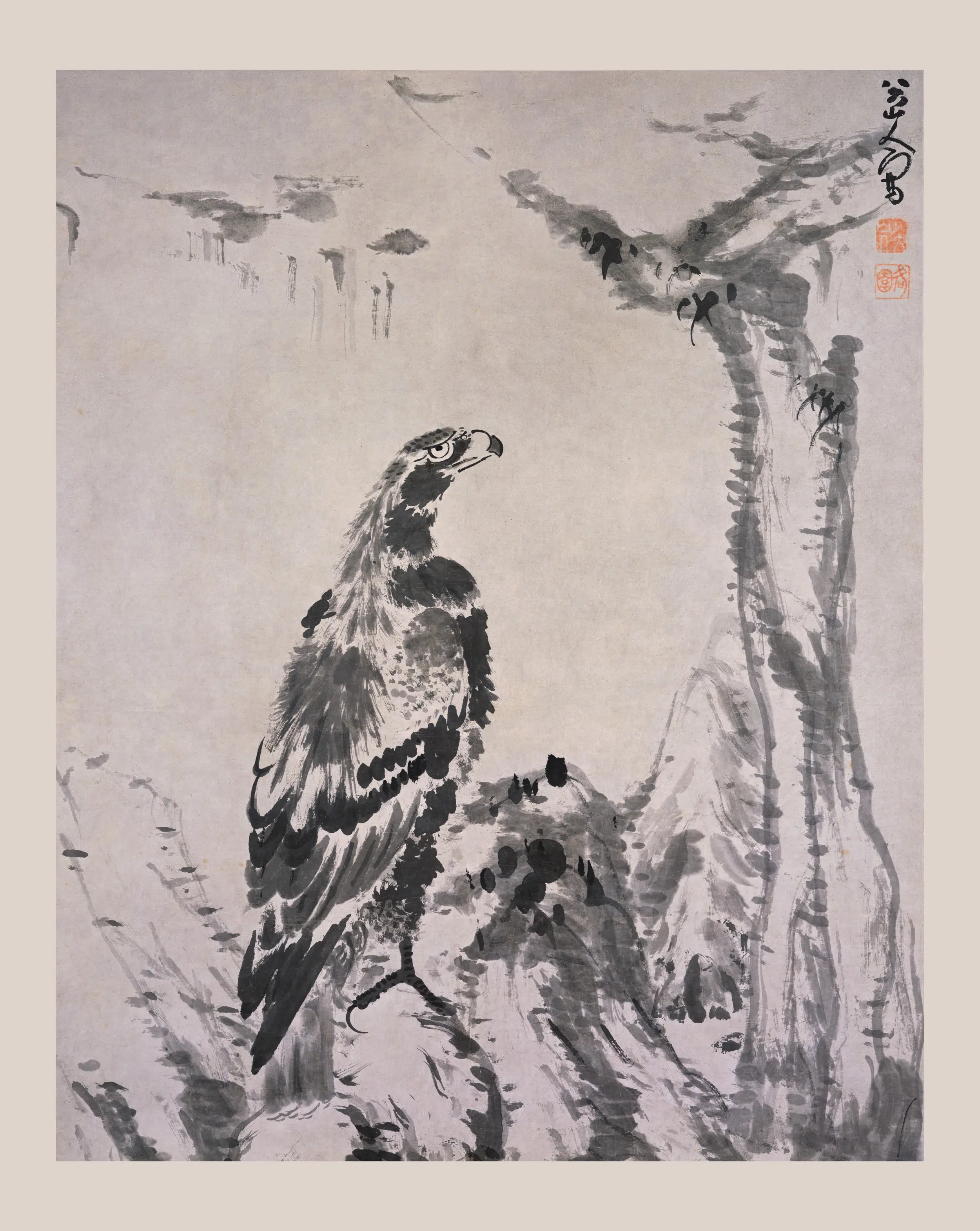 清代【朱耷】《空谷苍鹰图轴》