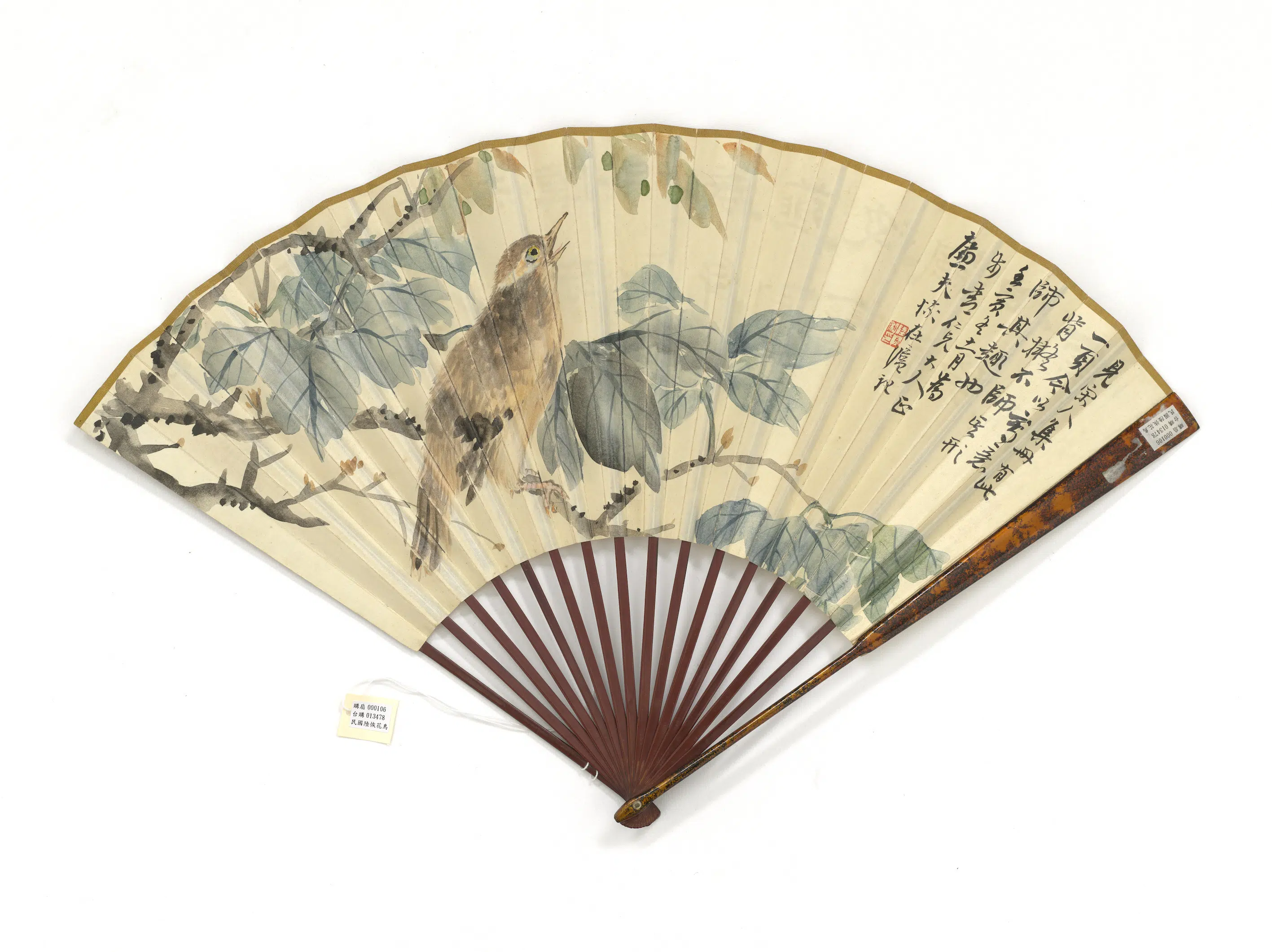 清代【陆恢】《画花鸟张祖翼隶书四言诗图-成扇》