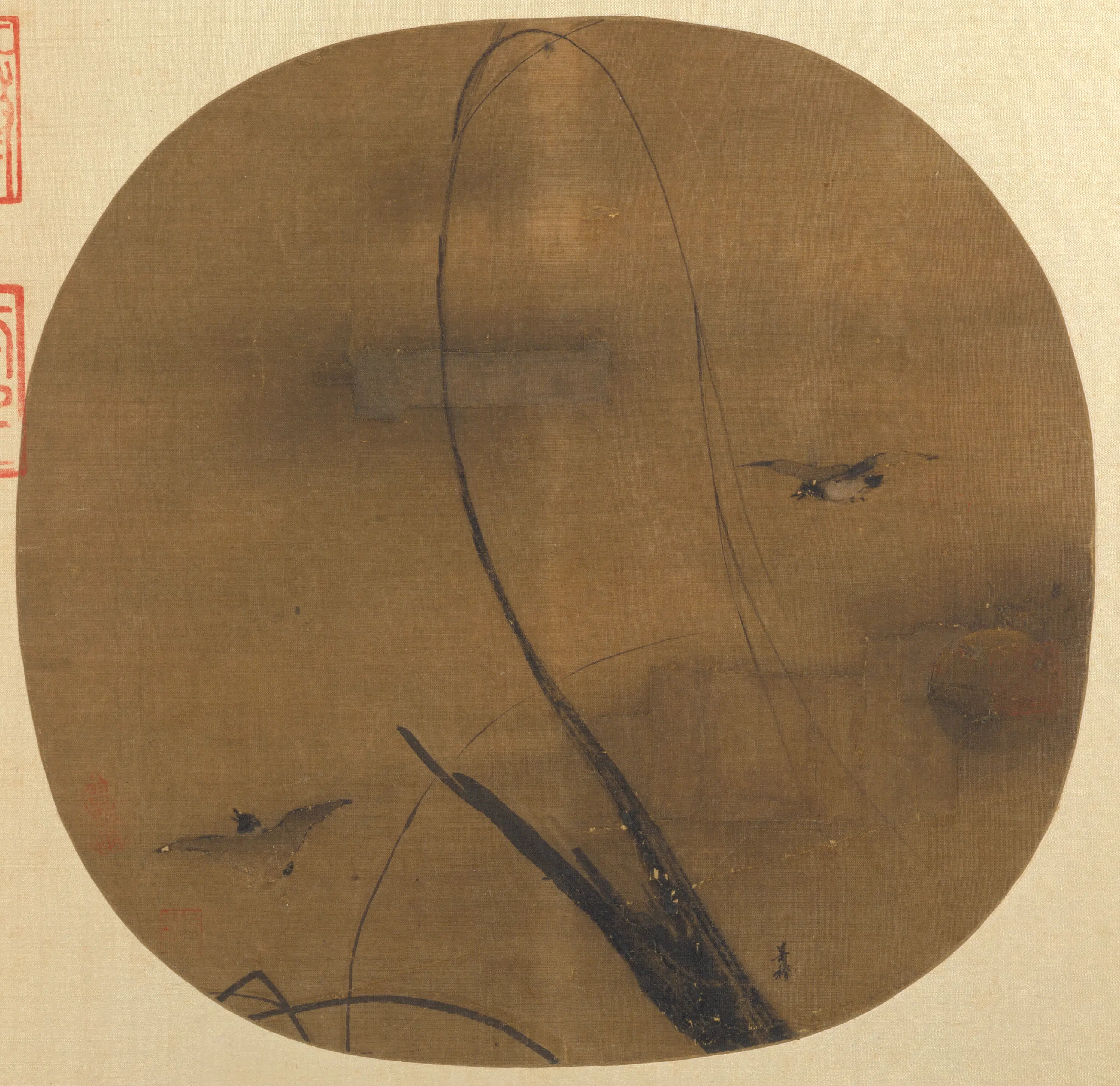 宋代【梁楷】《宋人名流集藻册-秋柳双鸦图页.jpg》