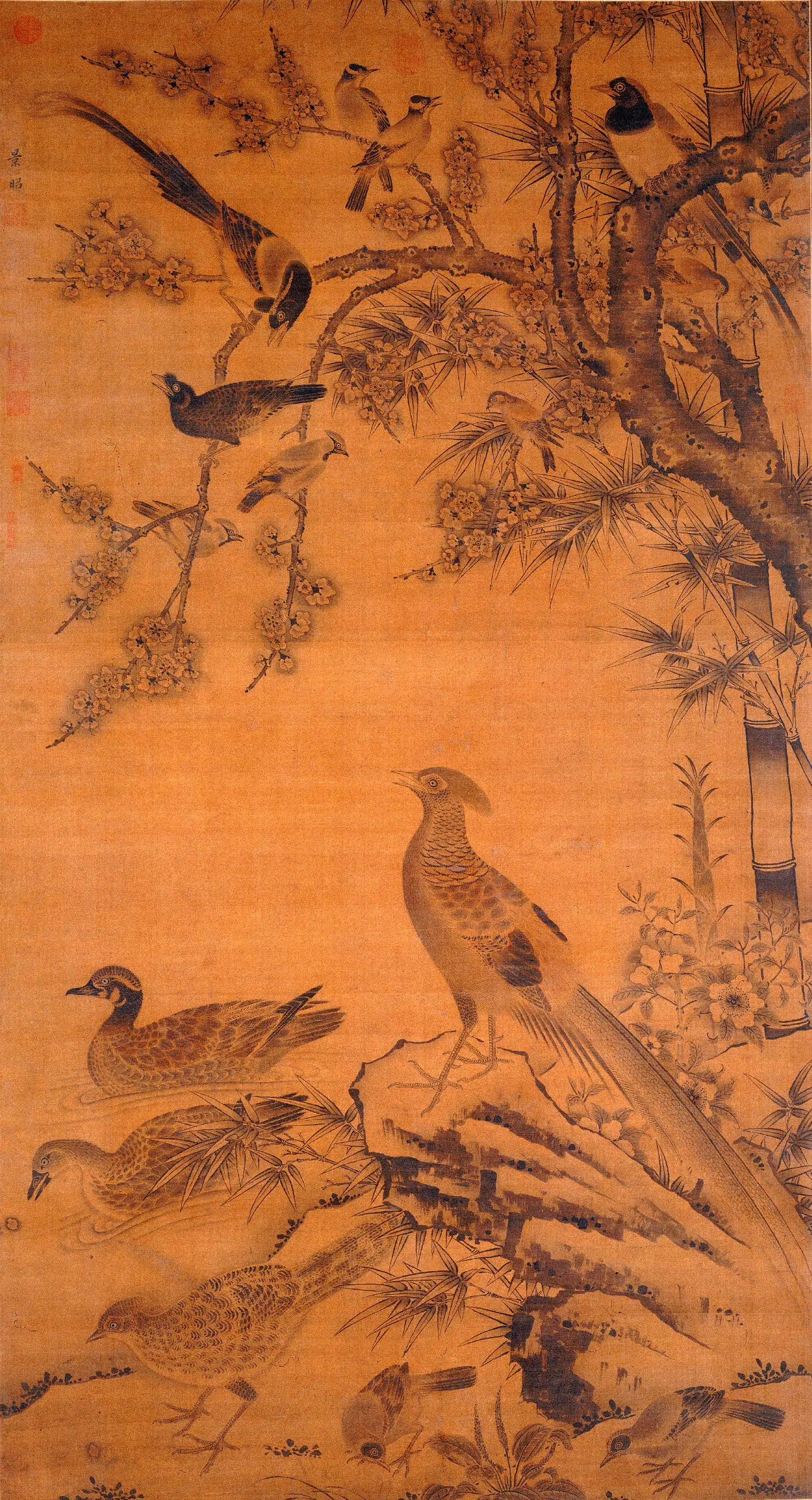 明朝【边景昭（文进）】《杏竹春禽图轴》