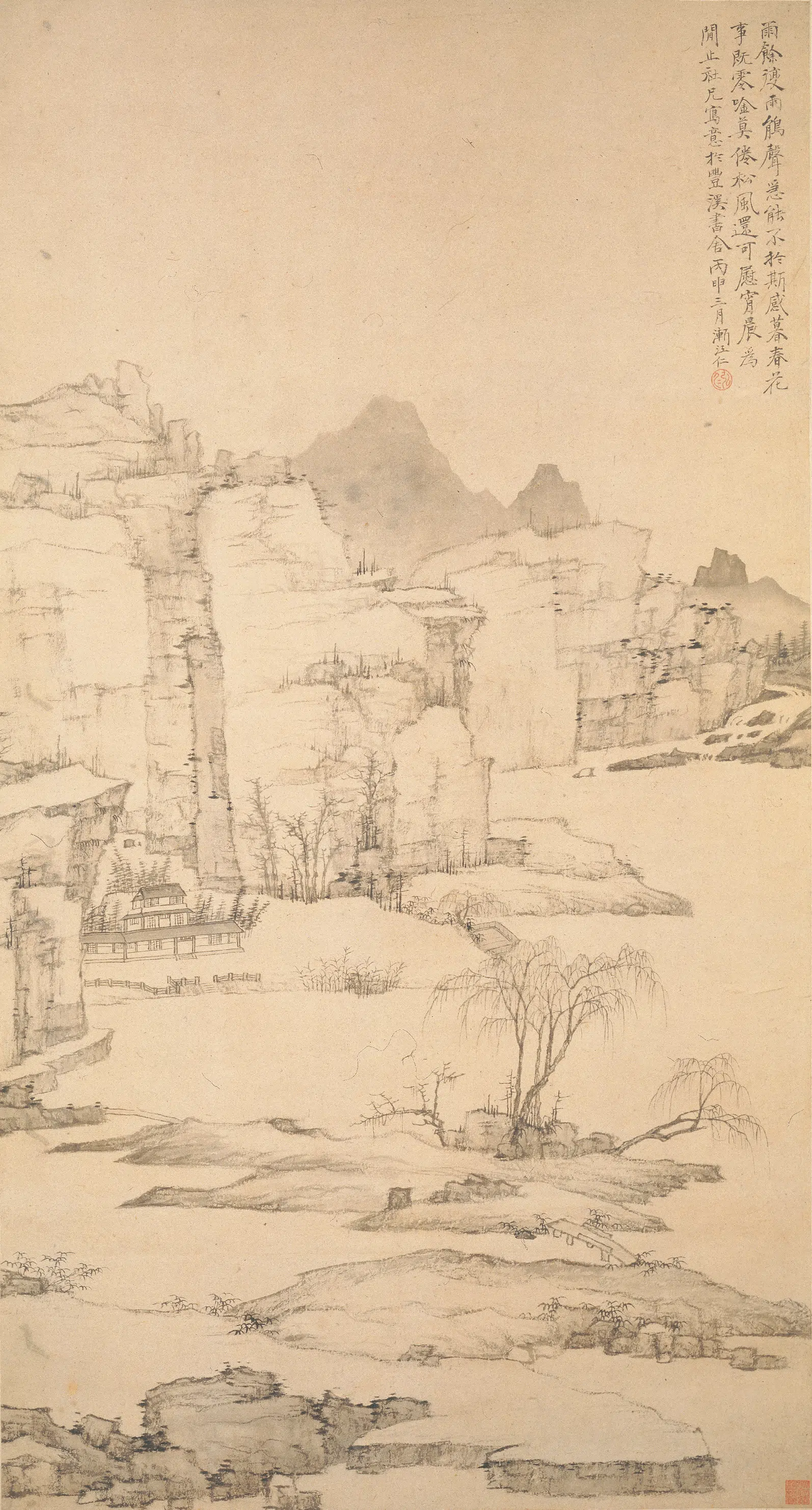 清代【弘仁】《雨余柳色图轴》 第1张