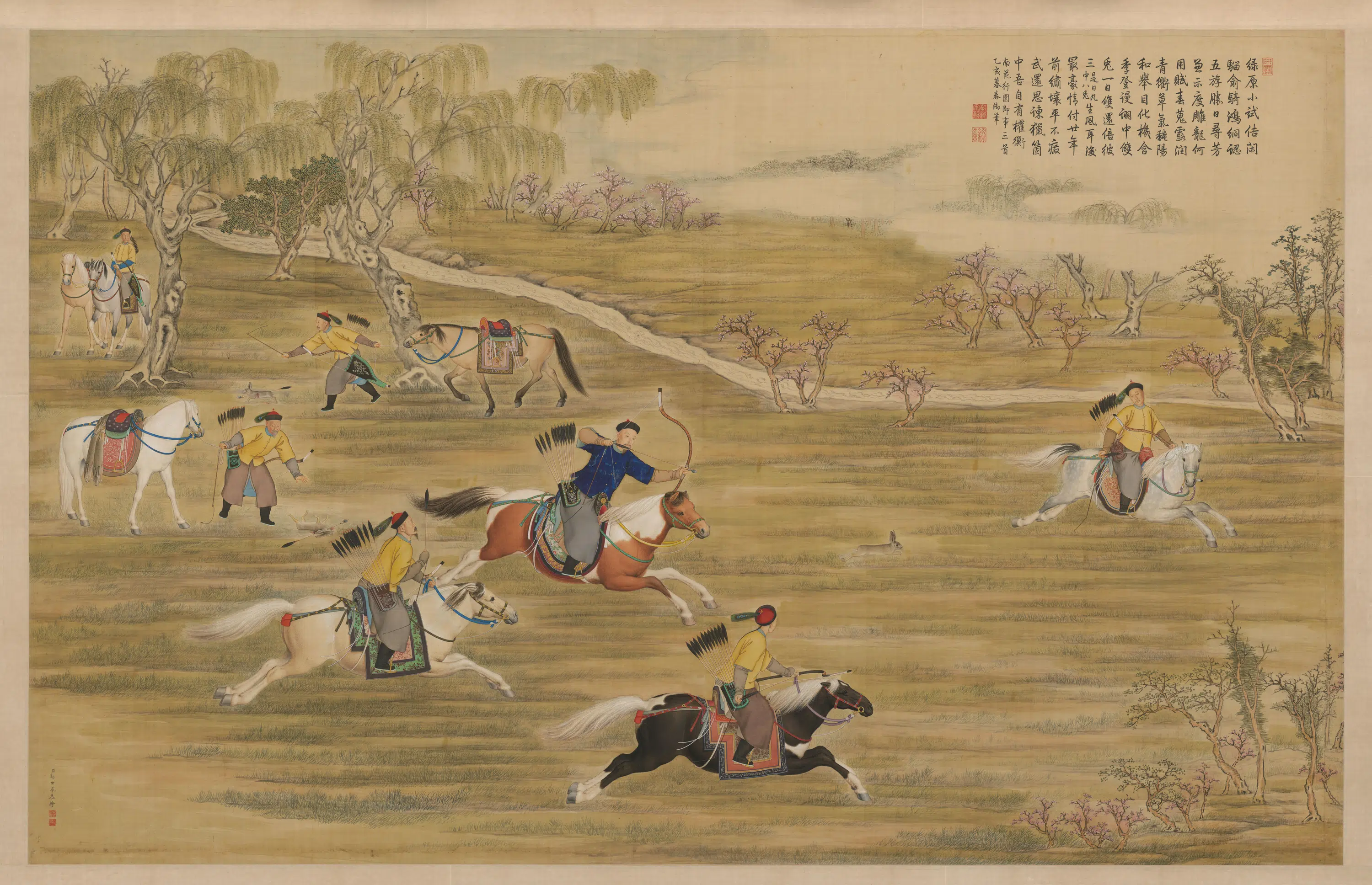 清代【郎世宁】《乾隆皇帝射猎图轴》