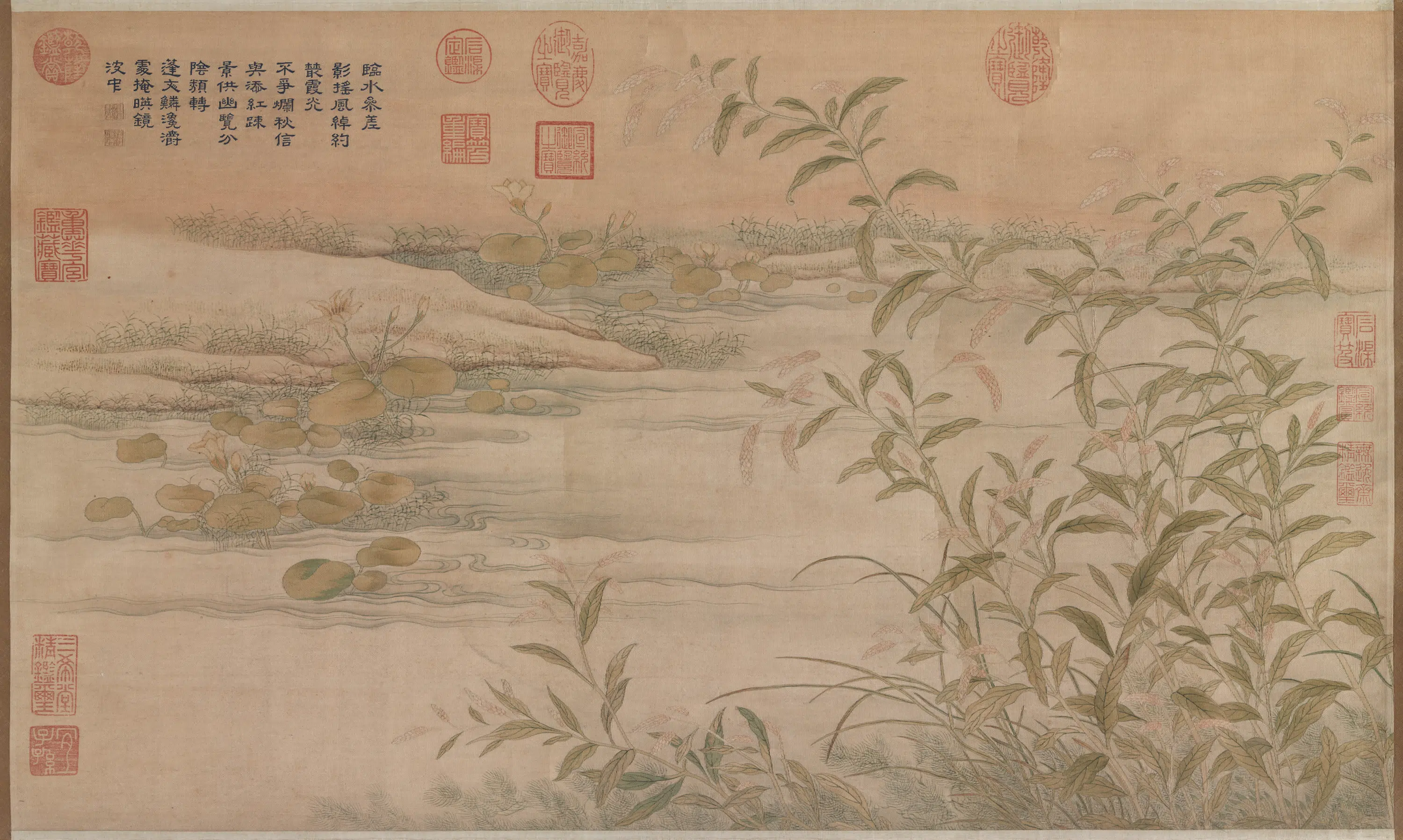 《御制诗缂丝白苹红蓼图轴》