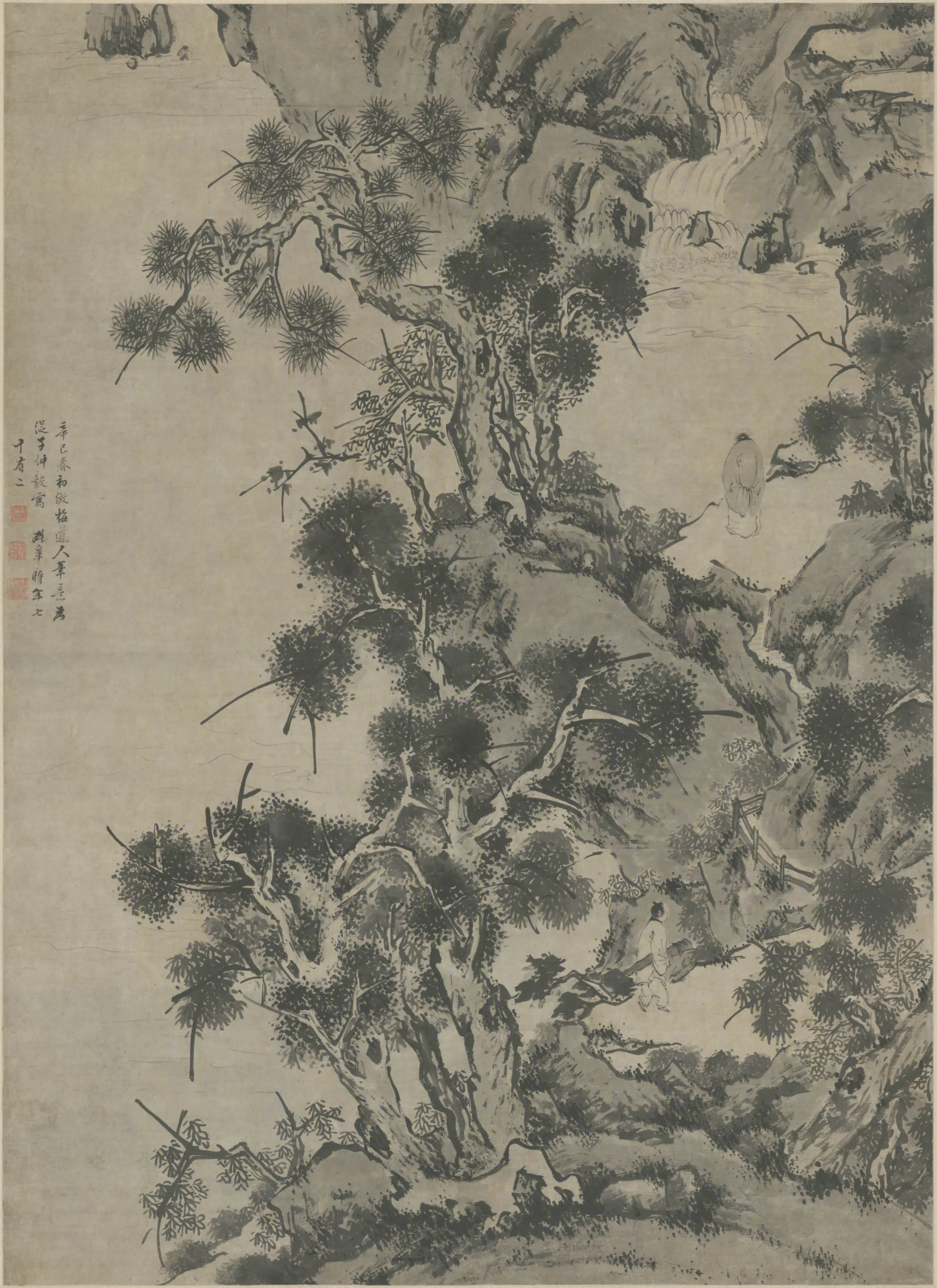 明朝【胡皋】《仿梅道人观瀑图轴》