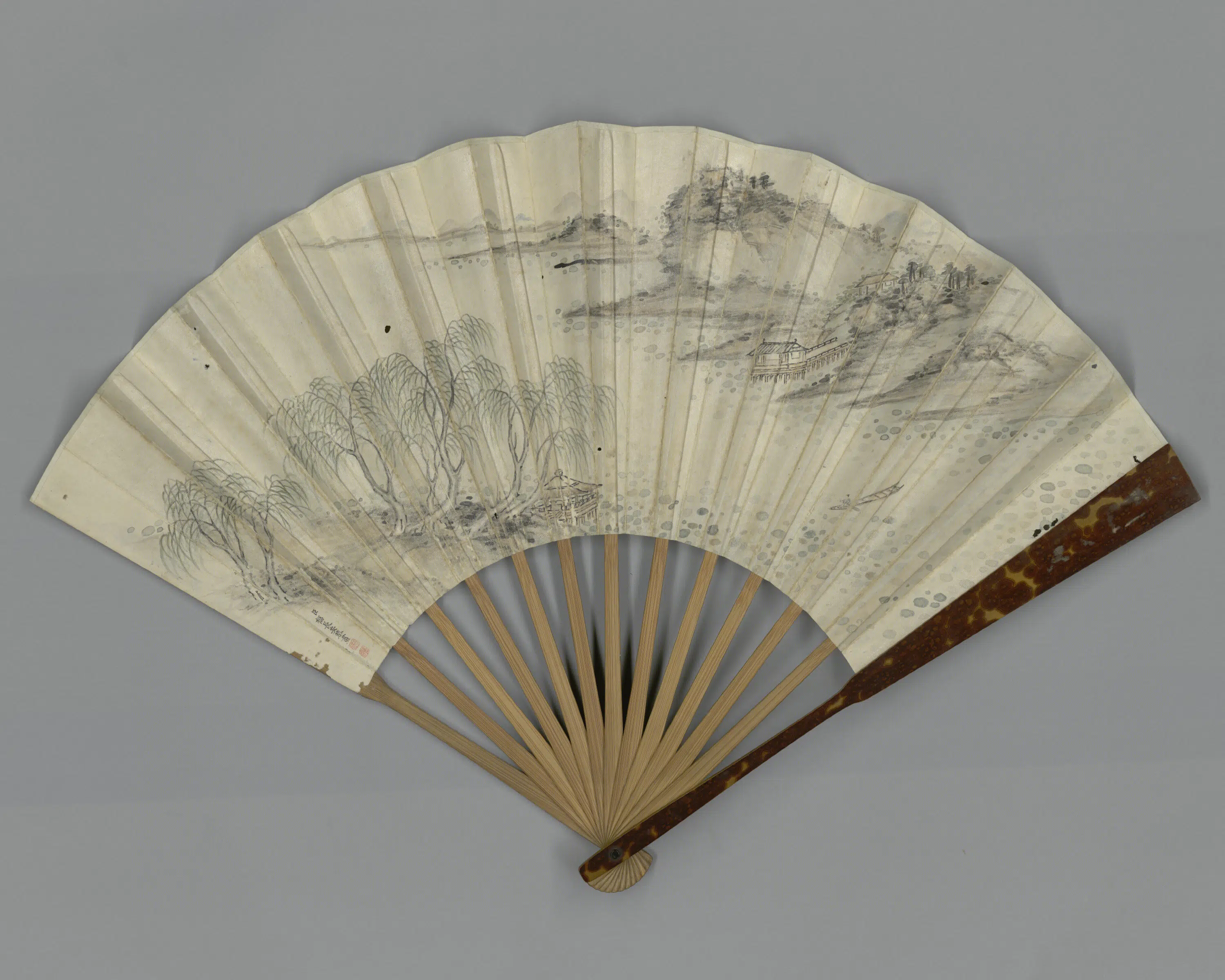清代【爱新觉罗弘历-乾隆-清高宗】《福长安画山水弘历书喜晴七律成扇》