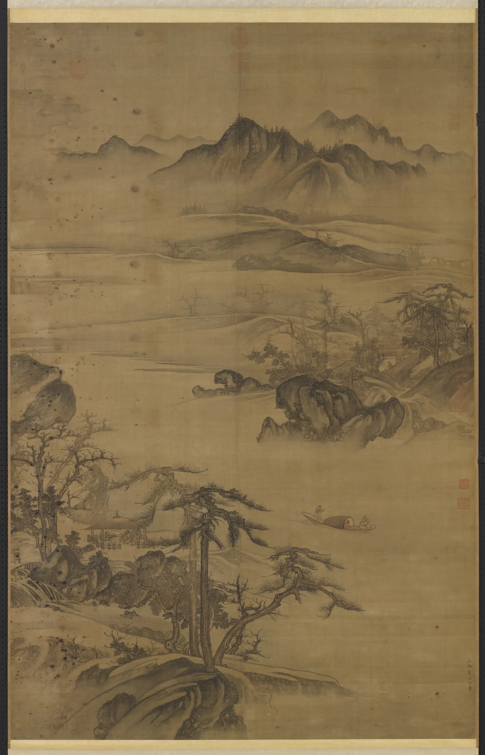 元朝【唐棣】《溪山烟艇图轴》