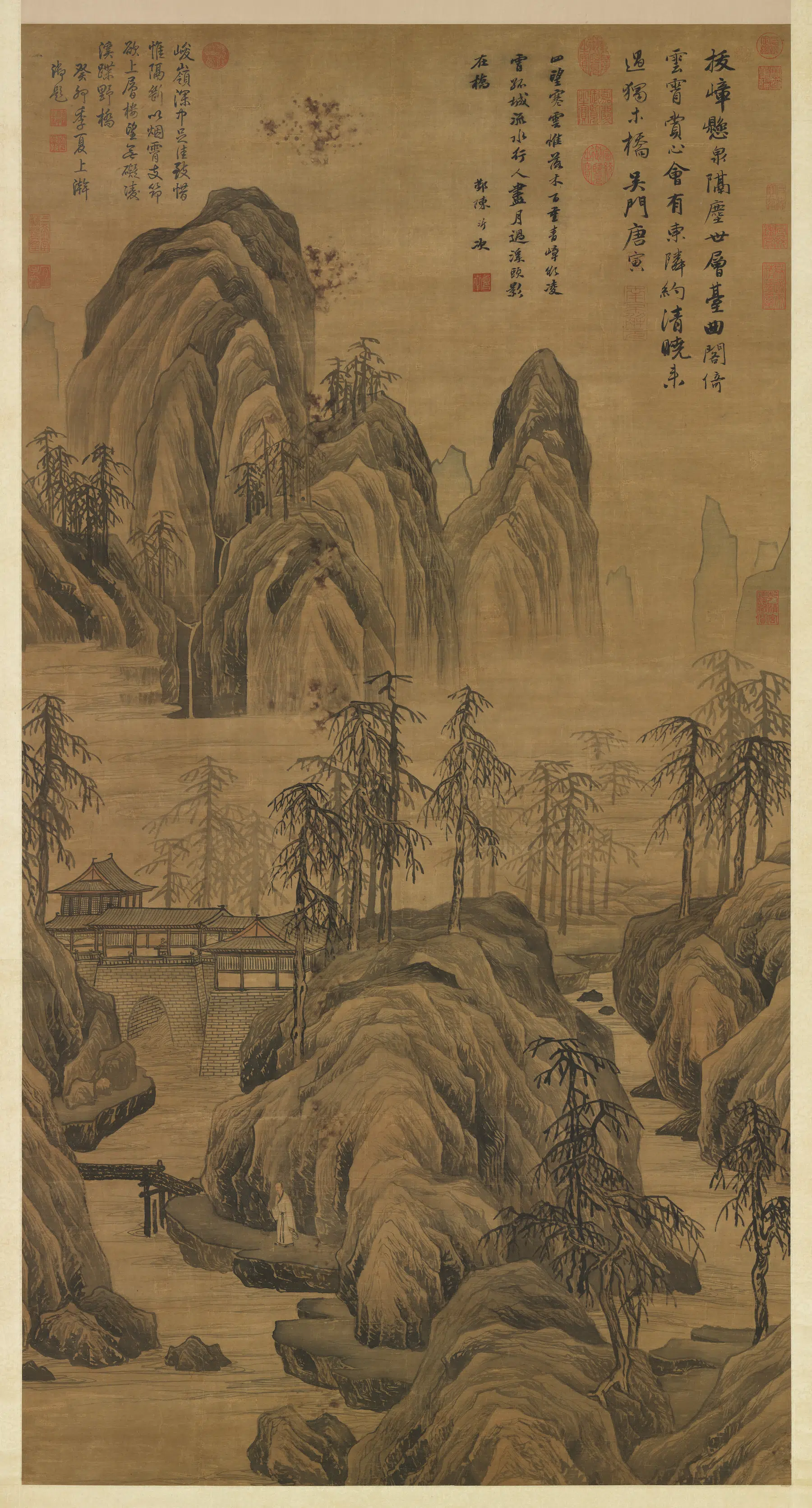 明朝【唐寅】《层岩策杖图轴》