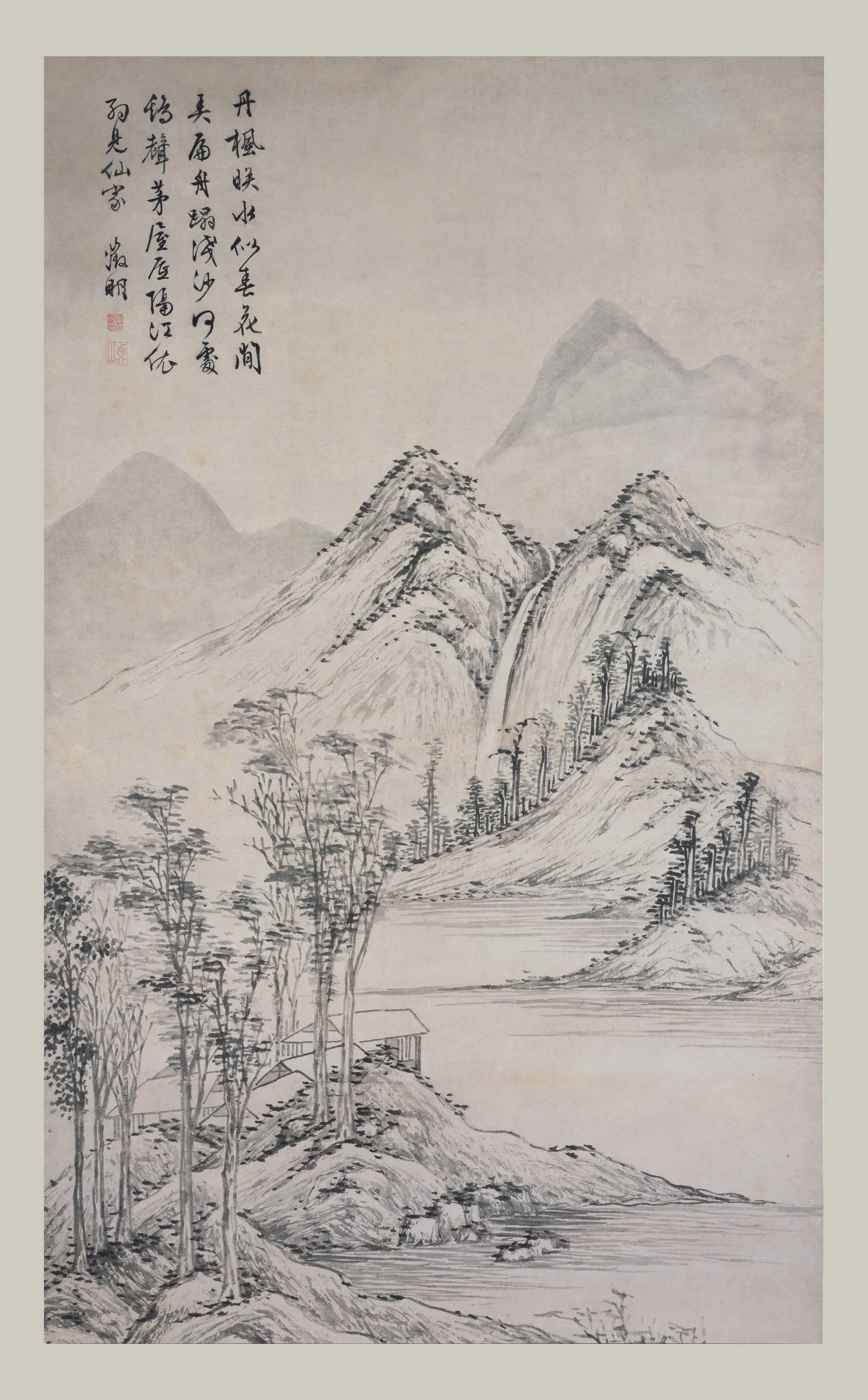 明朝【文徵明（文征明）】《丹枫茅屋图轴》