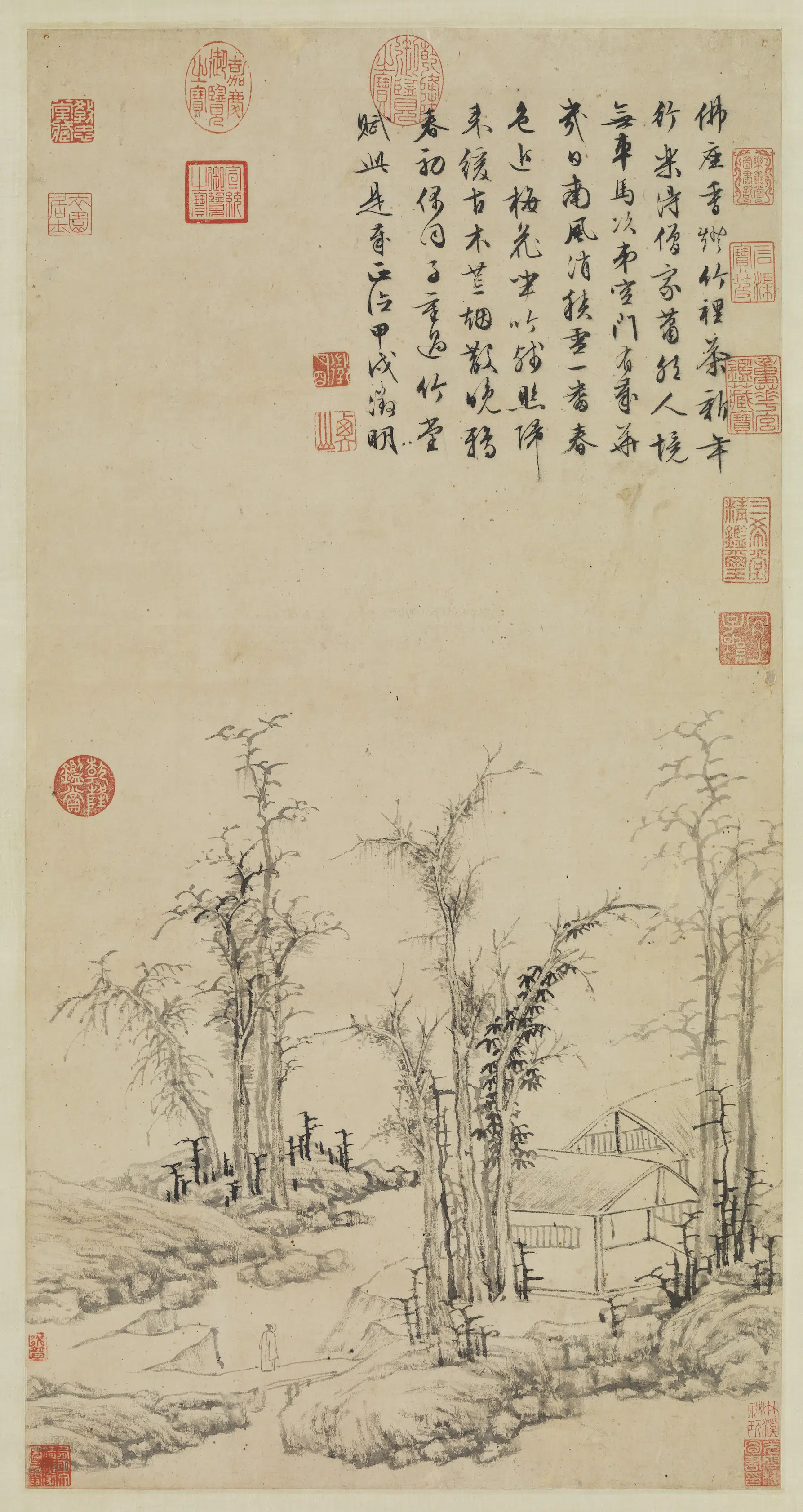 明朝【文征明徵明】《疏林茆屋图轴》