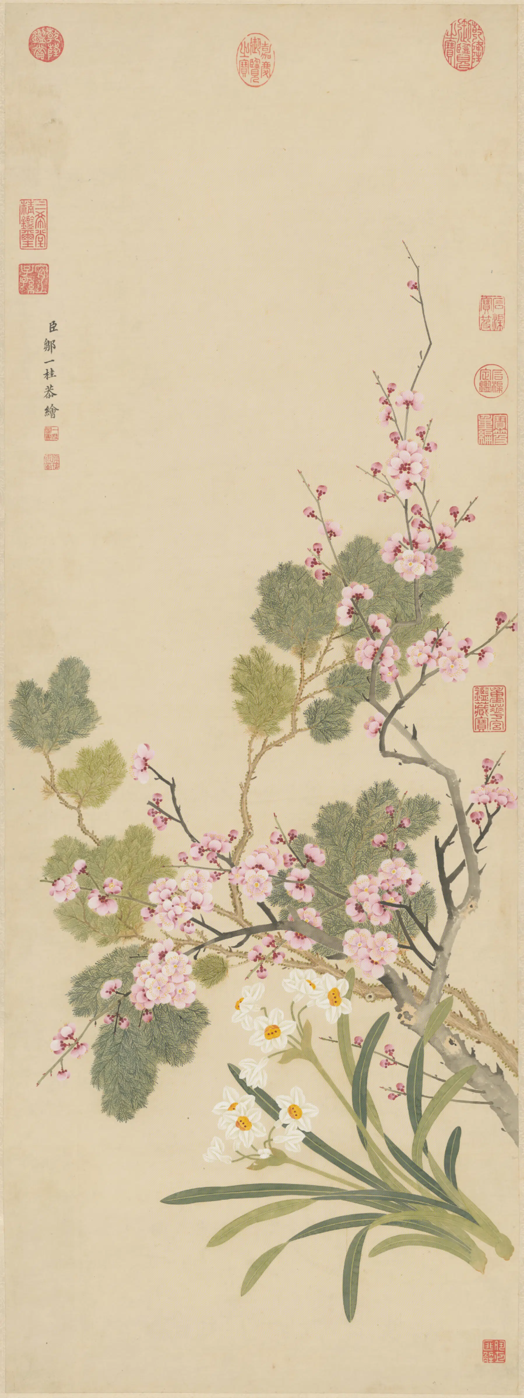清代【邹一桂】《梅柏水仙图轴》
