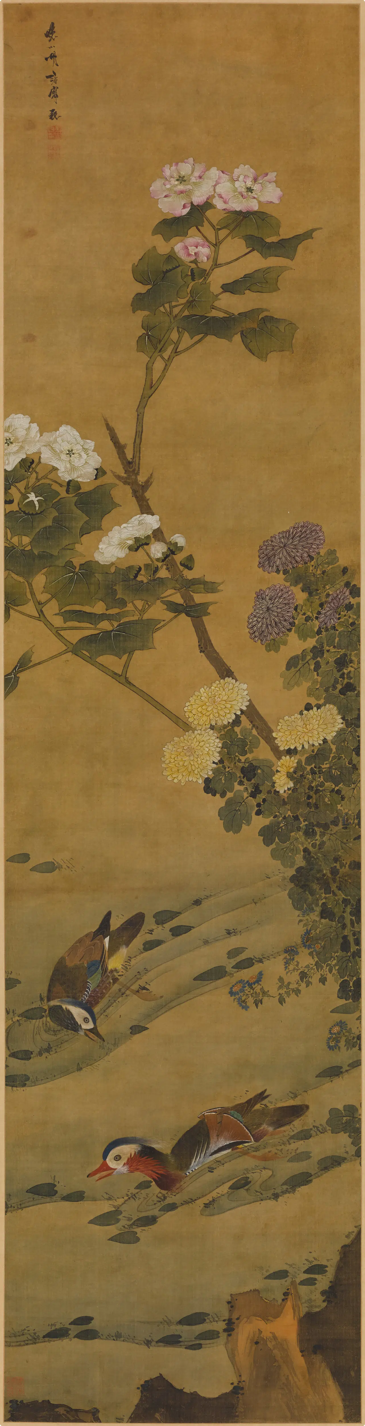 清代【胡湄(胡飞涛)】《芙蓉鸳鸯图轴》