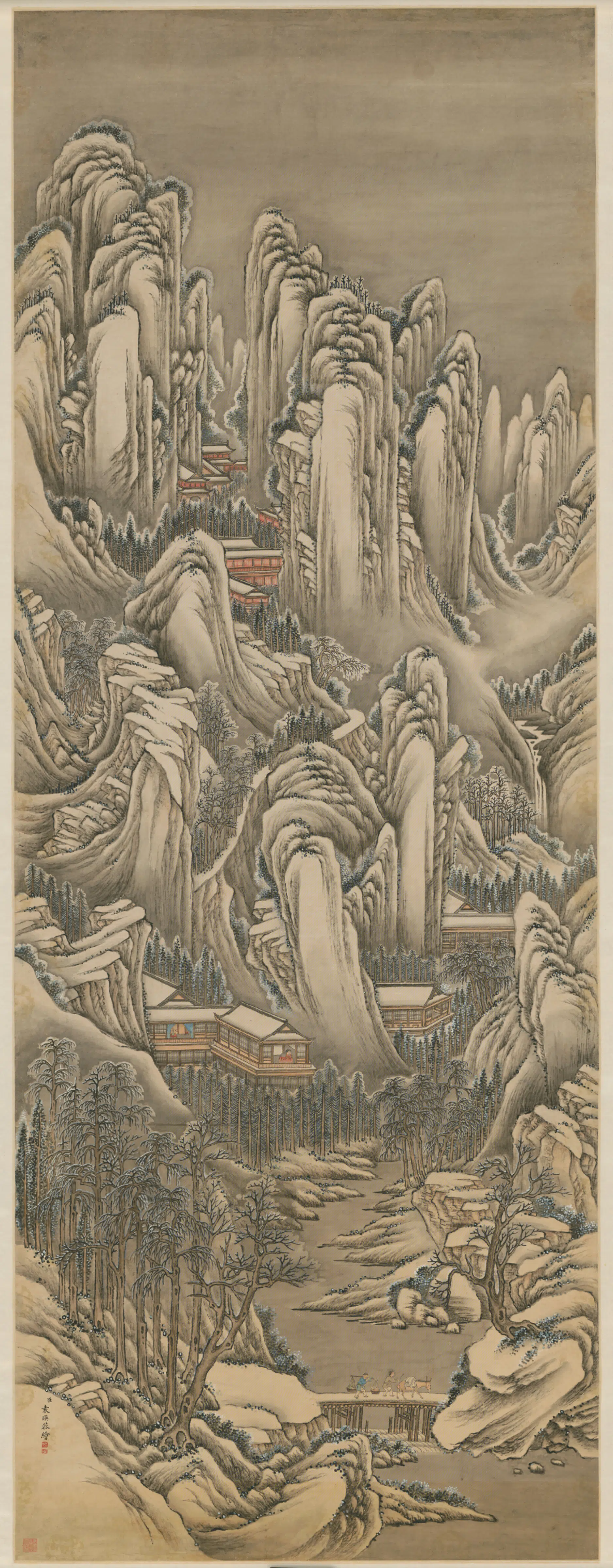清代【袁瑛】《雪山行旅图轴》