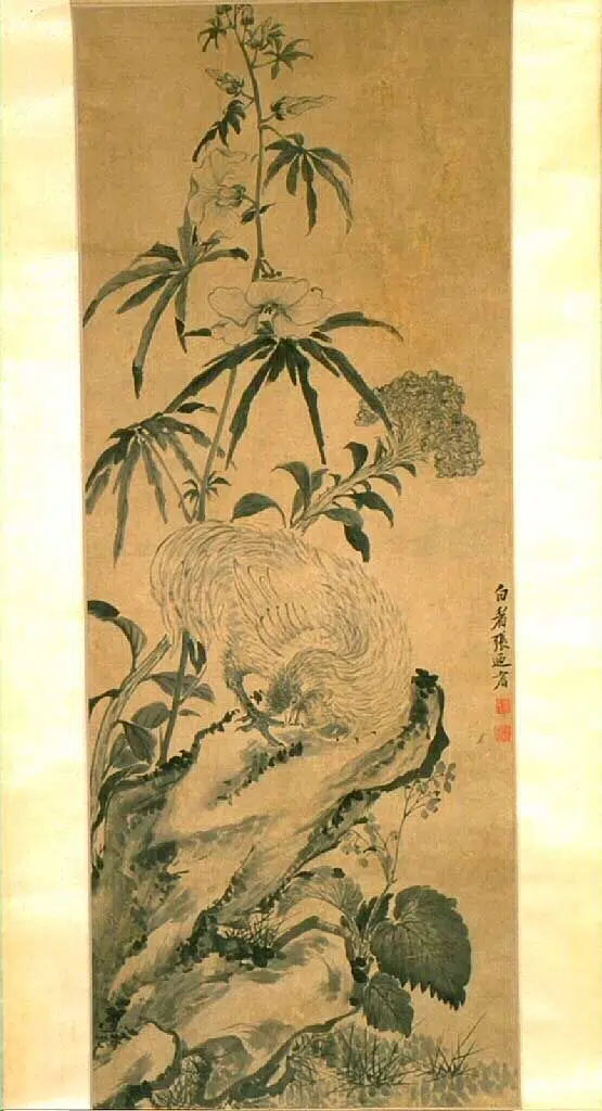 清代【张乃耆】《石上雄鸡与花（普清）》