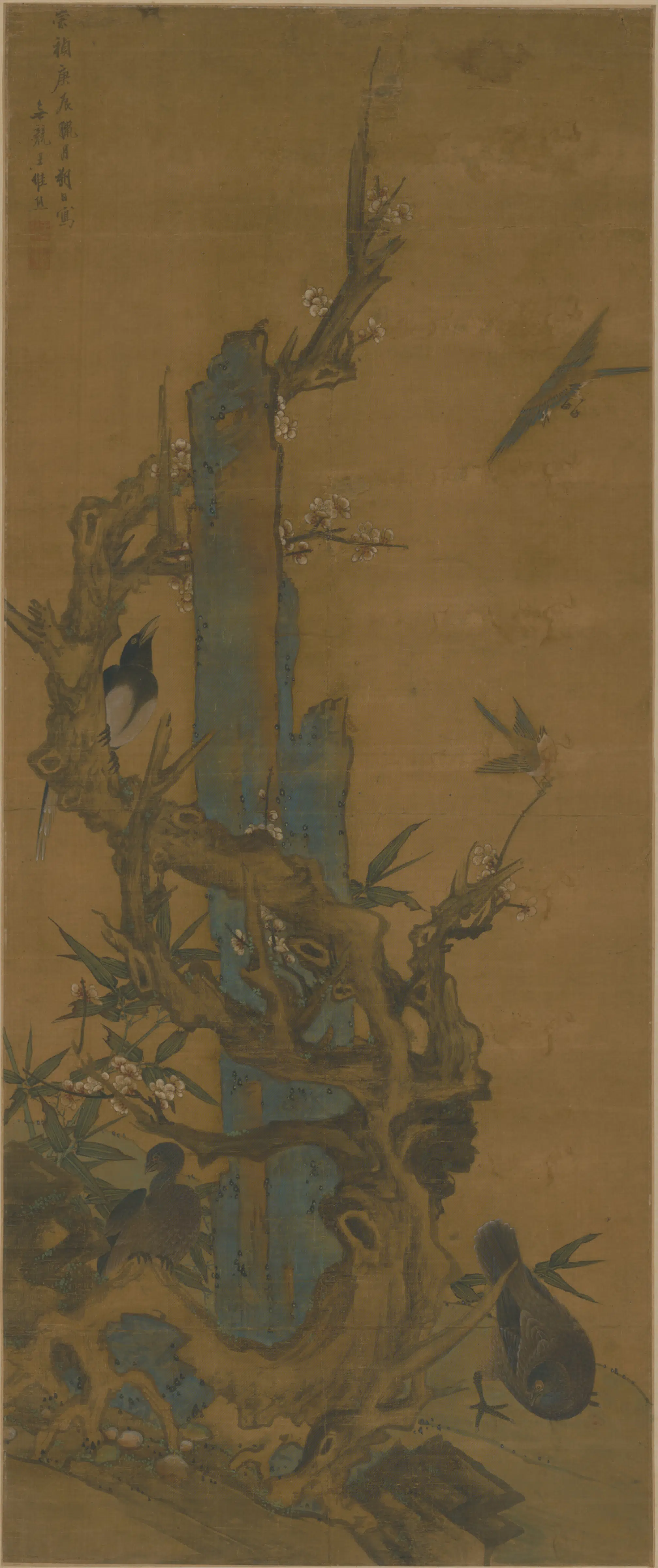 隋唐【王维】《烈梅石鸣禽图轴》