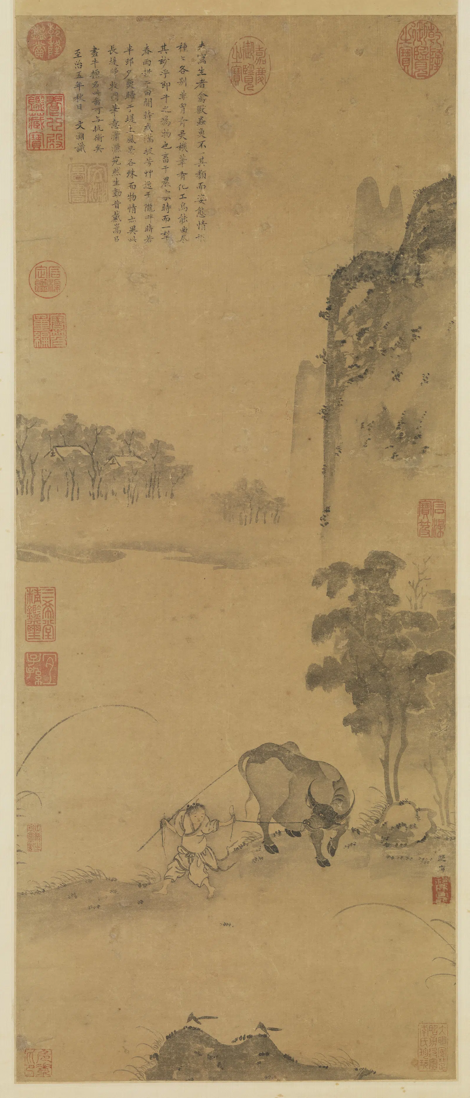 北宋【祁序】《长堤归牧图轴》