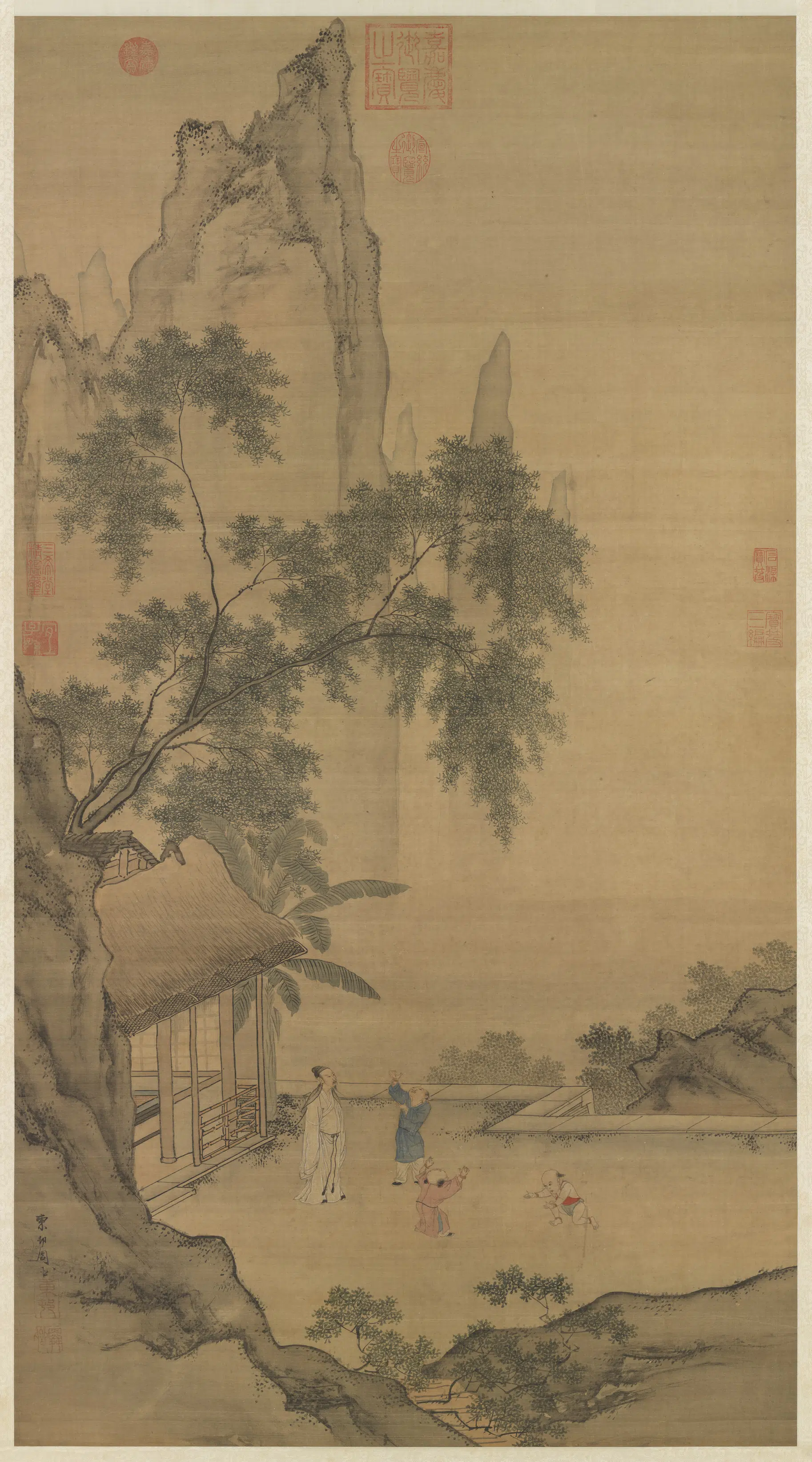 明朝【周臣】《画闲看儿童捉柳花句意图轴》 第1张
