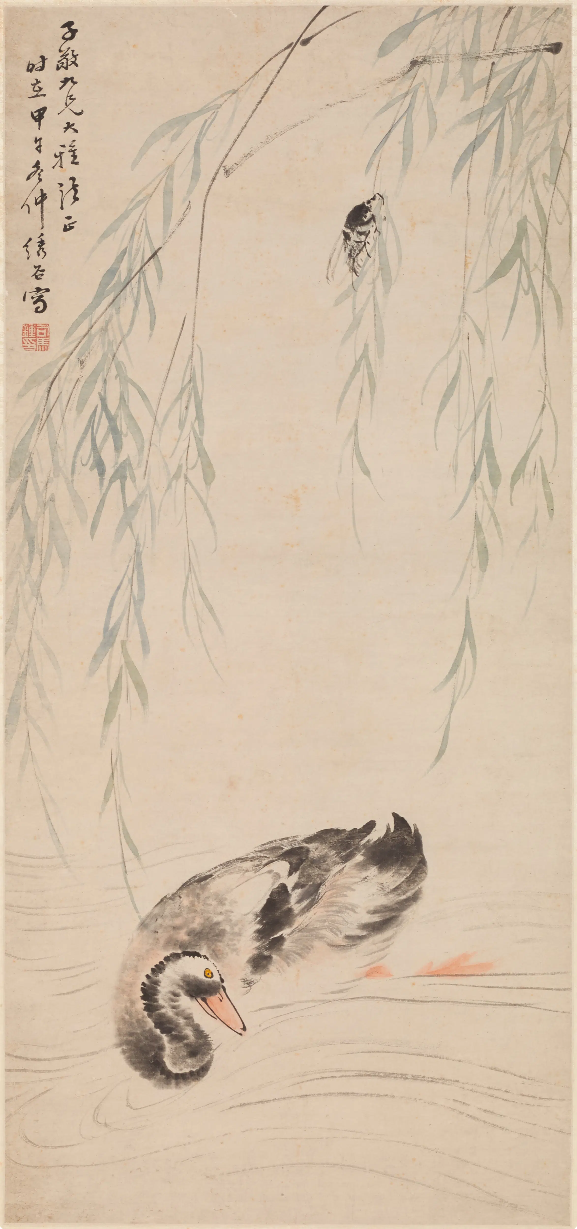 清代【司马钟】《柳鸭图轴》