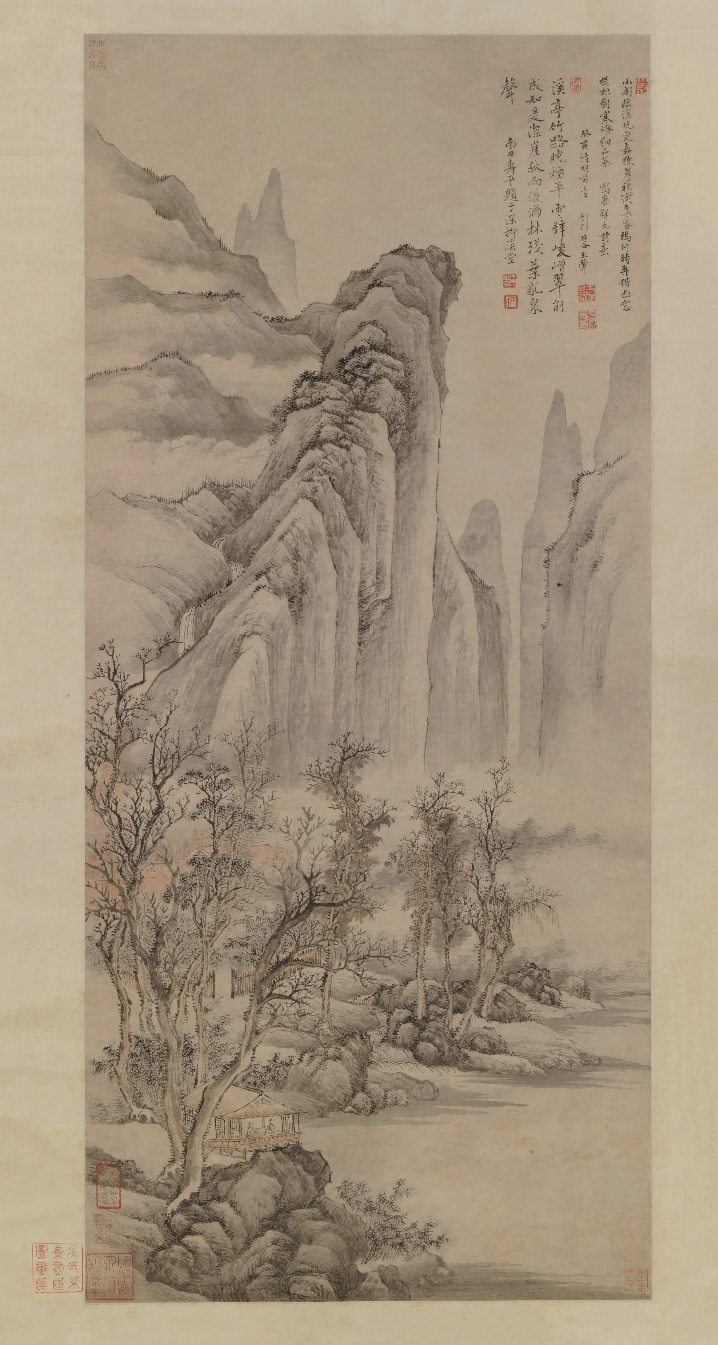 清代【王翚】《溪阁晤对图轴》
