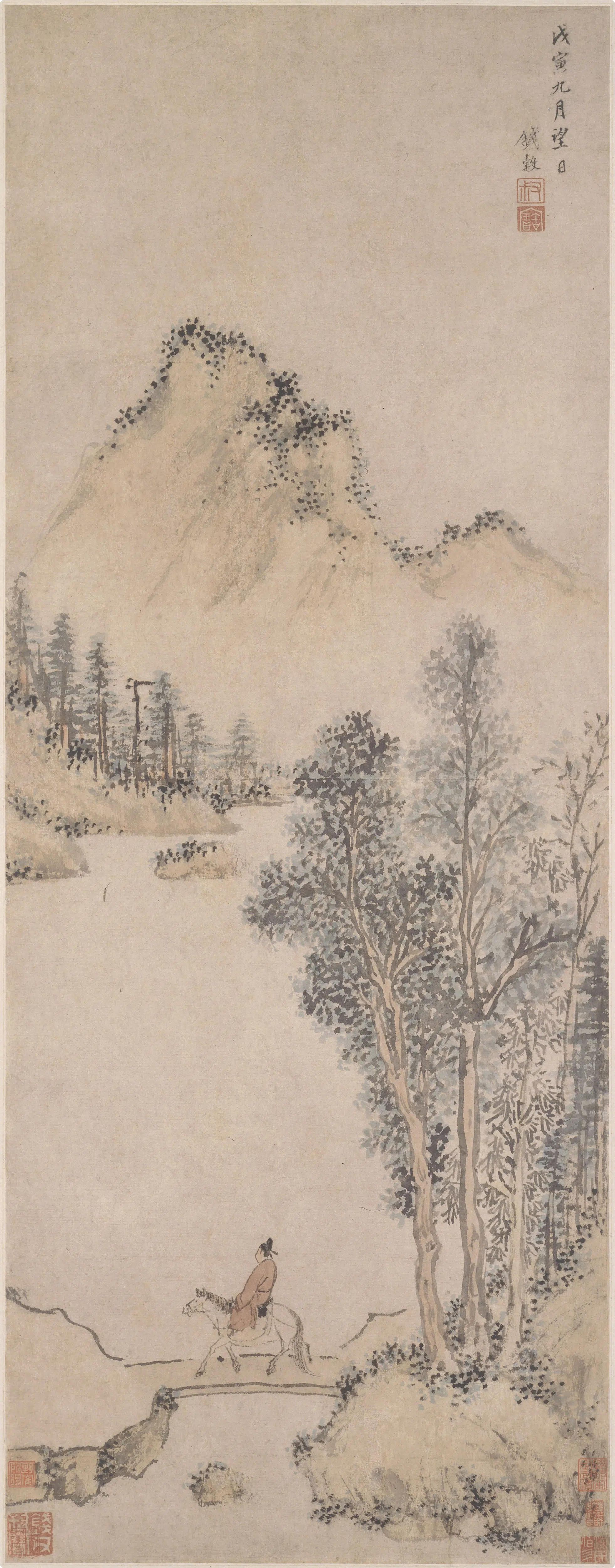 明朝【钱穀（谷）】《溪山策骑图轴》